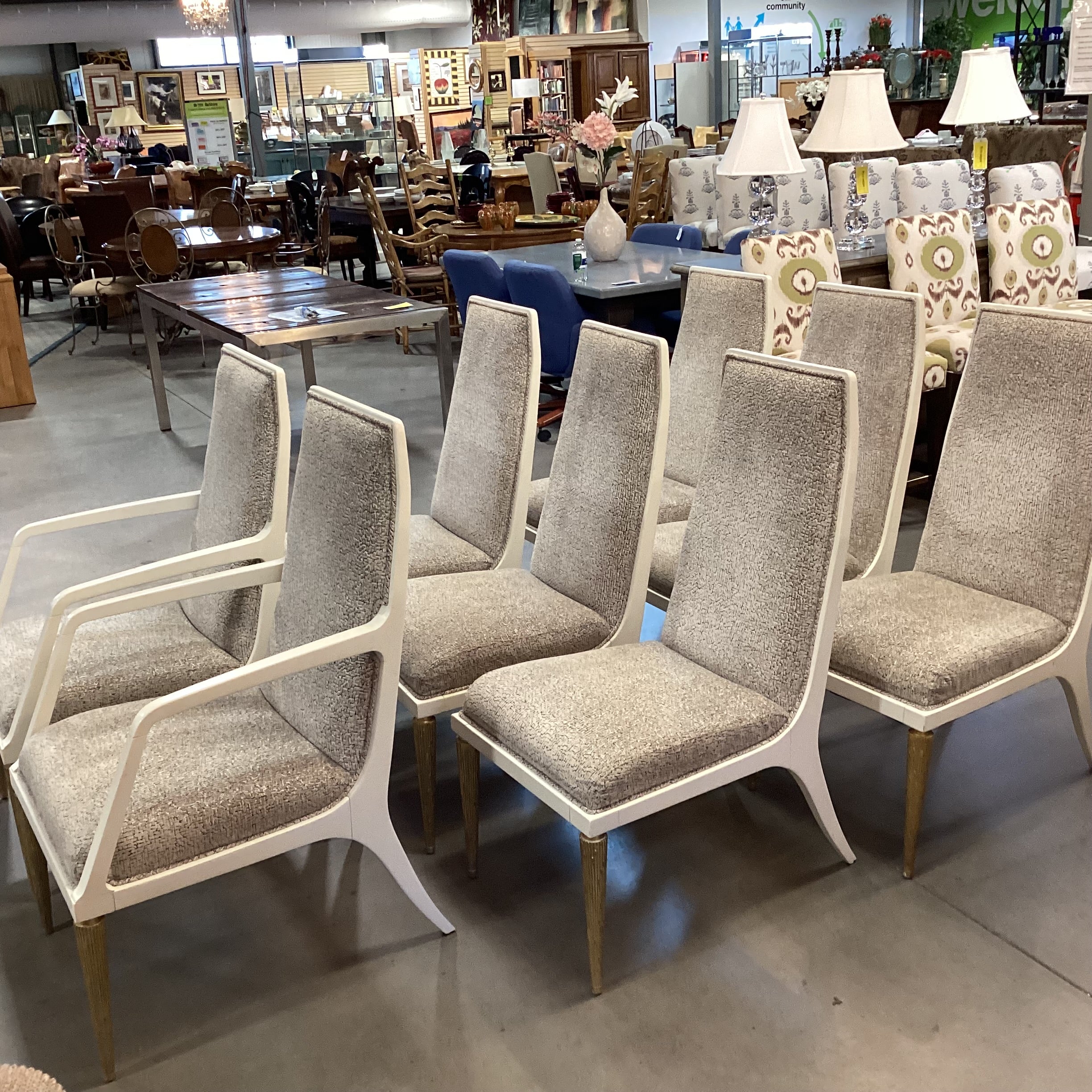 SET of 8 Jean Louis Denoit for Baker Taupe Cream Black Raised Chenille Woven & Cream Gold Wood Jasper Dining Chairs 23"x 28"x 42"