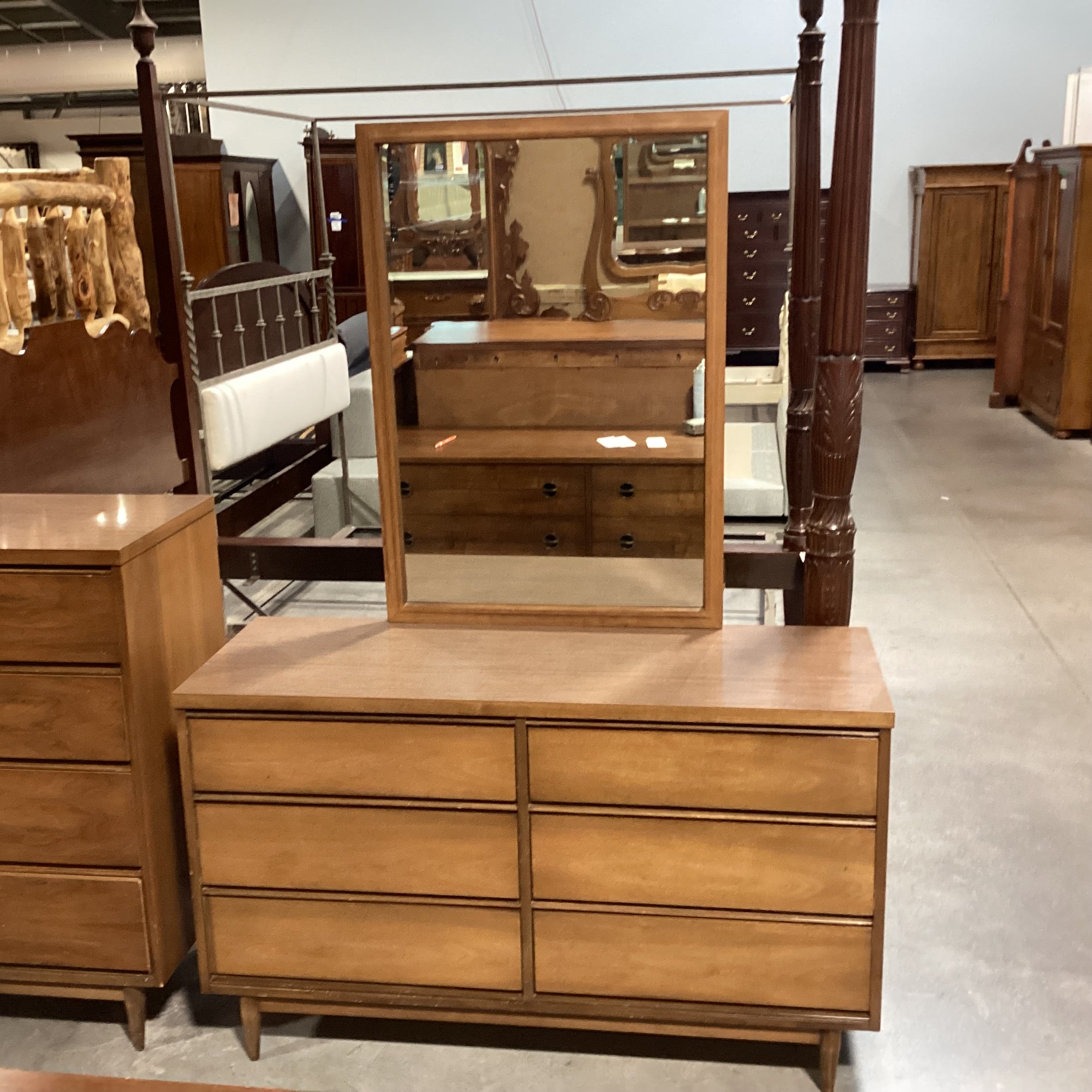 Mid Century Walnut & Veneer 6 Drawer with Mirror Dresser 52"x 18"x 72"