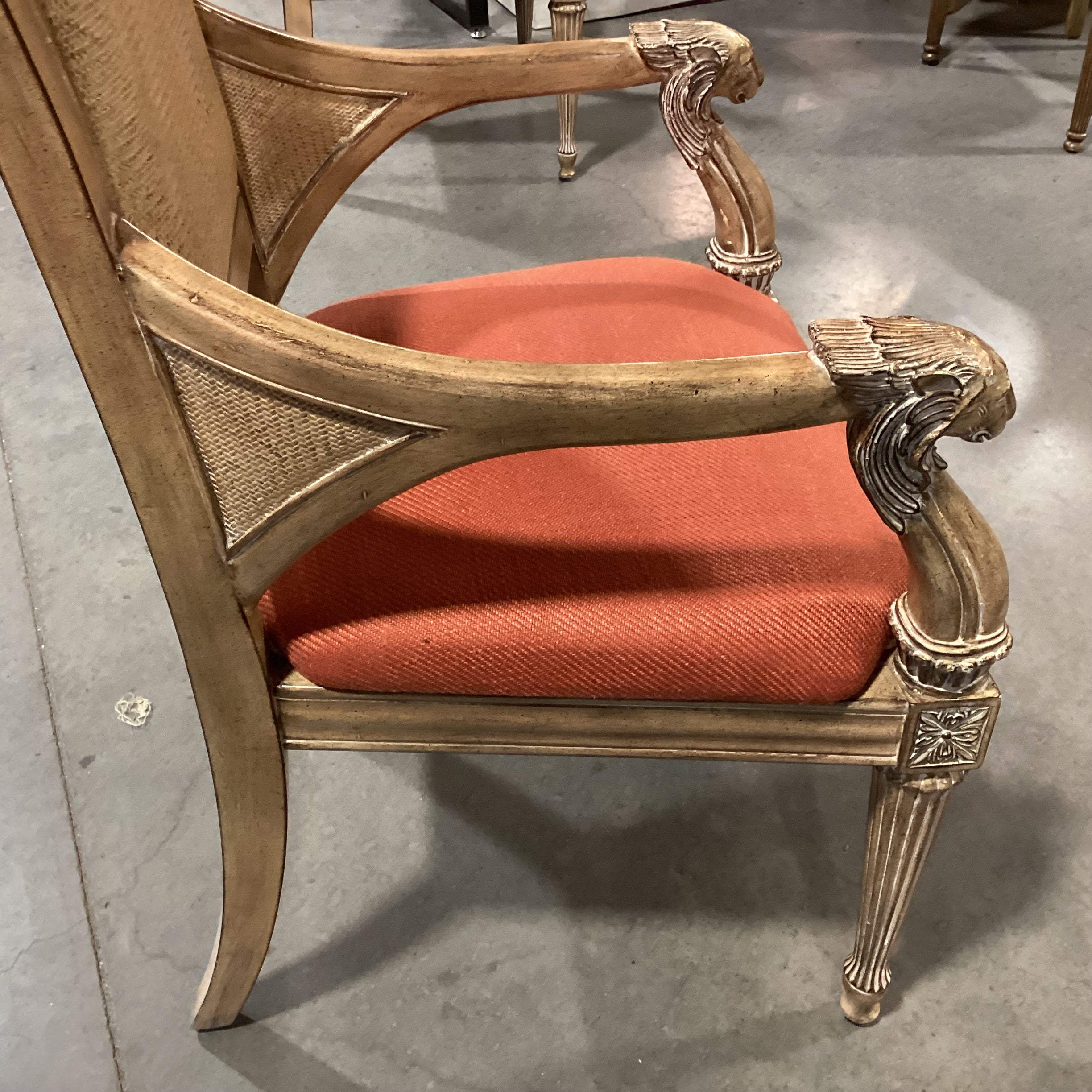 Carved Lionshead Antiqued Finish Wood Woven Leather & Burnt Orange Linen Chair 26"x 26"x 44"