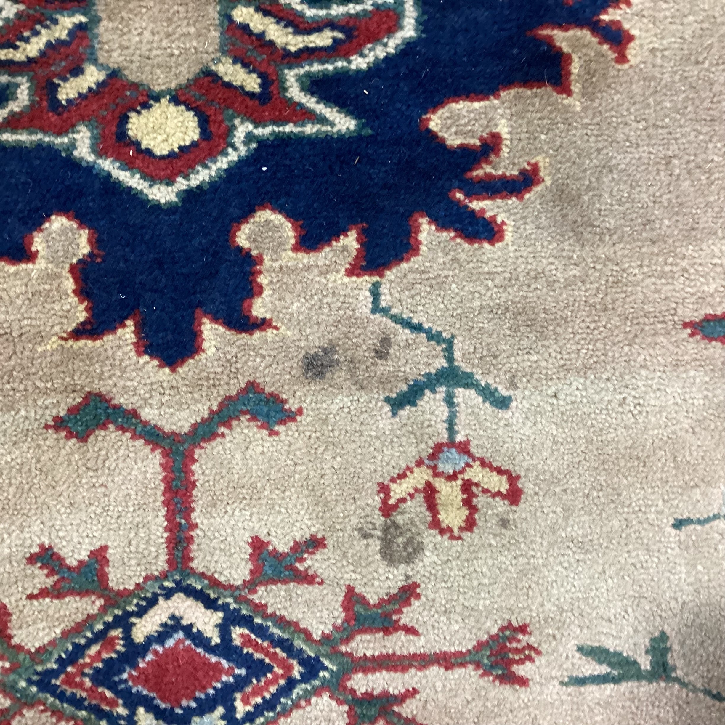 Vintage Beige Tan Red Navy Hand Woven Wool Rug 6'7" x 9'