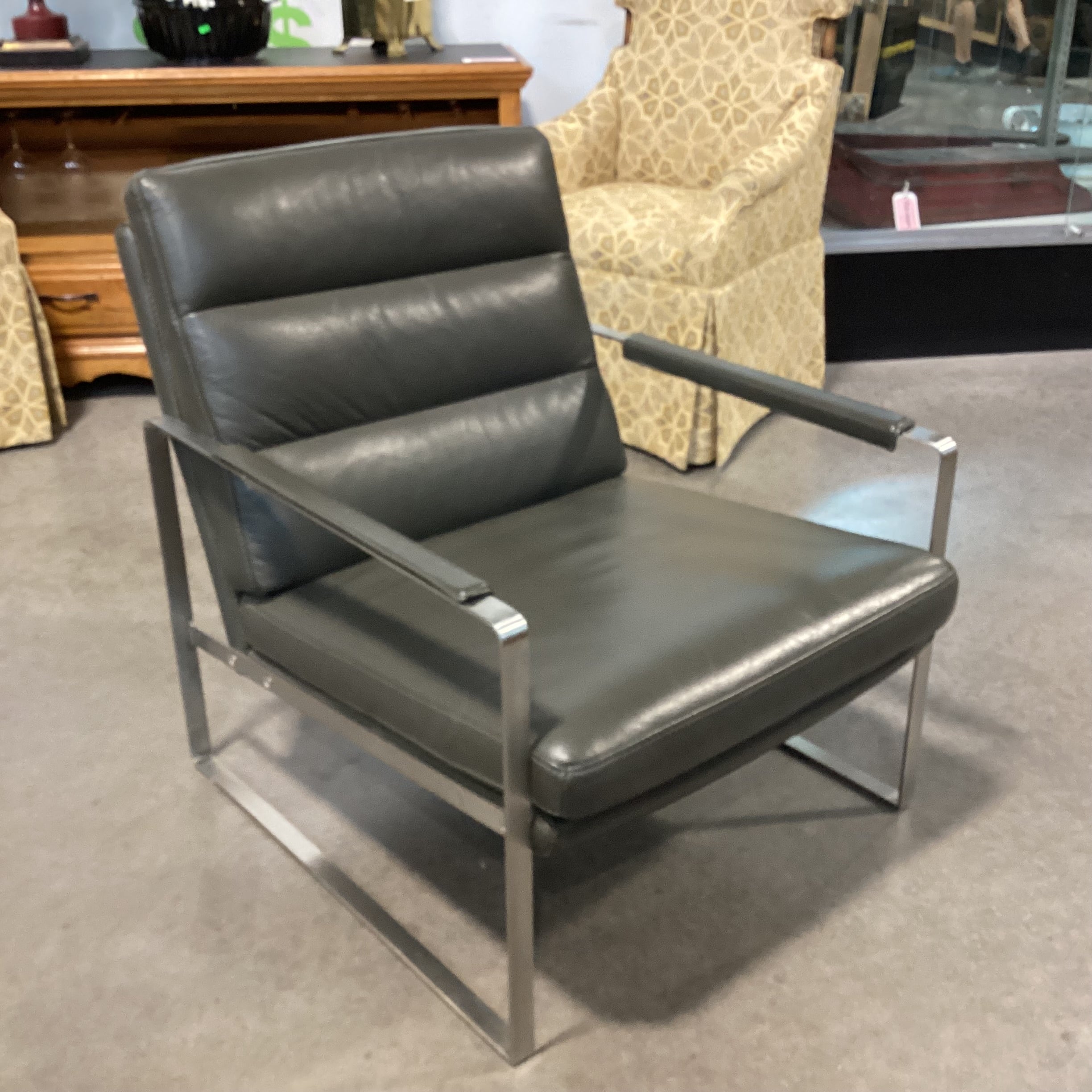 Violino Furniture Olive Grey Leather & Chrome Stainless Mid Century Modern Style Lounge Chair 28"x 32"x 32"