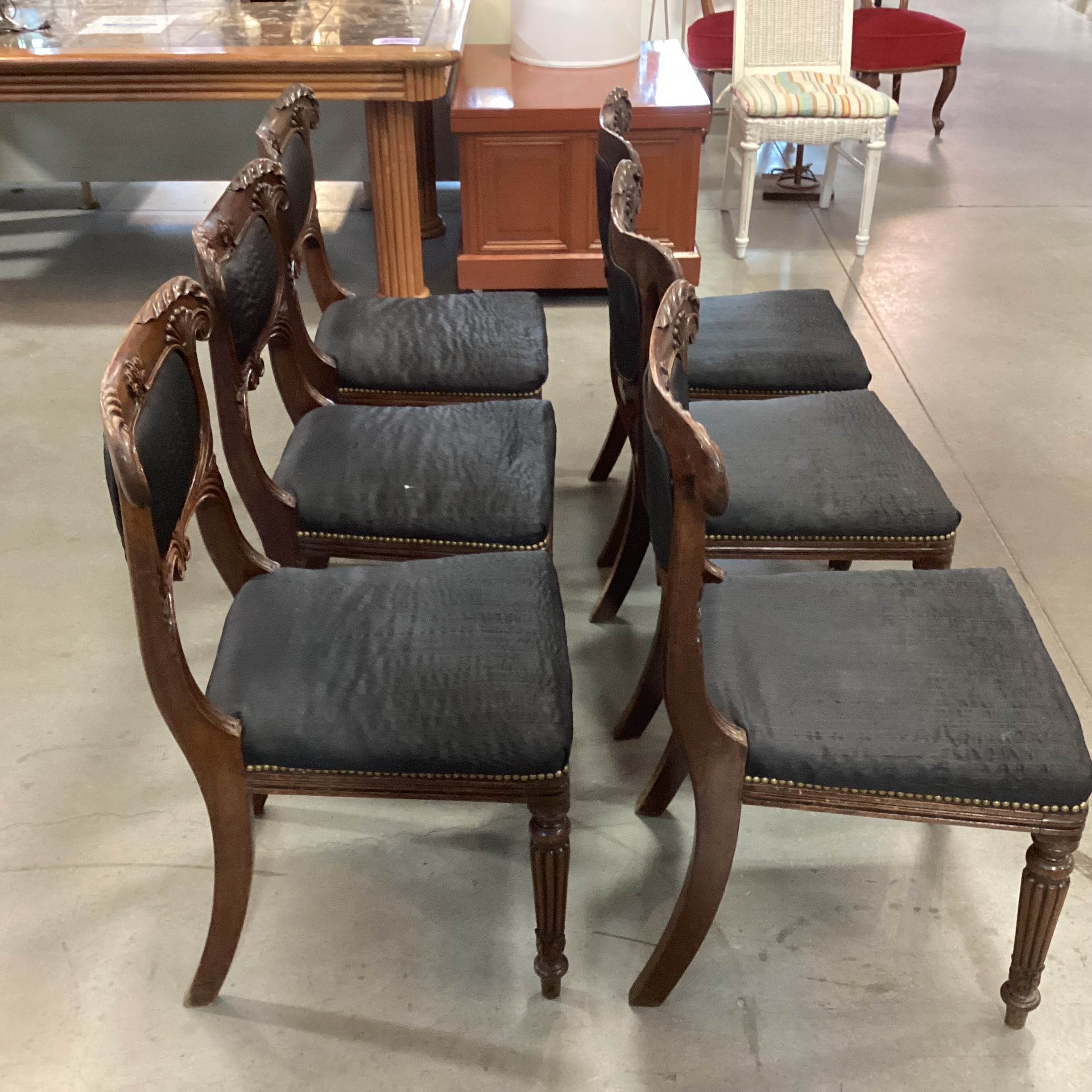 SET of 6 Antique Carved Wood & Black Upholstered Nailhead Dining Chairs 20"x 20"x 33.5"