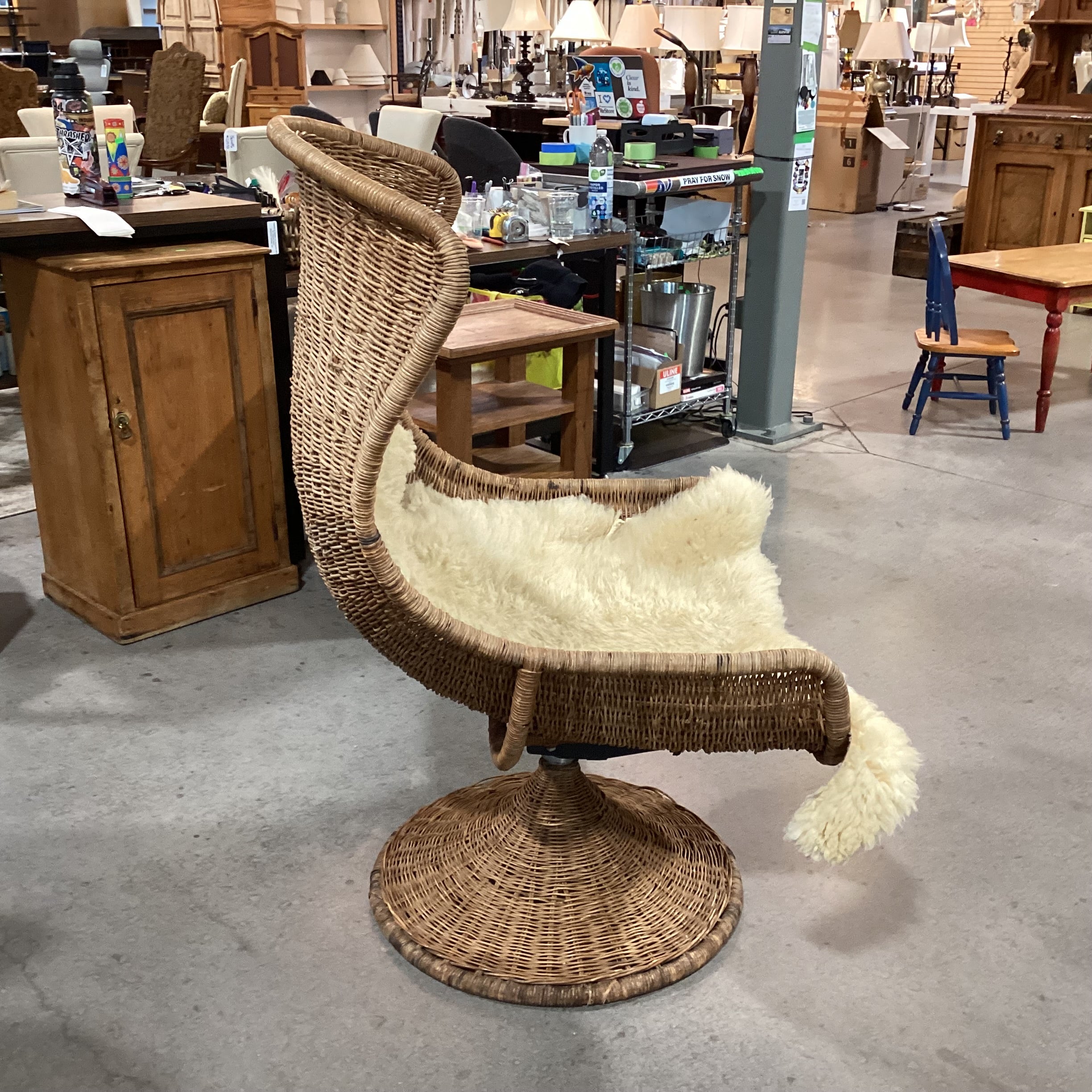 Vintage Wicker Swivel Rock with Sheepskin Chair 30"x 30"x 48"