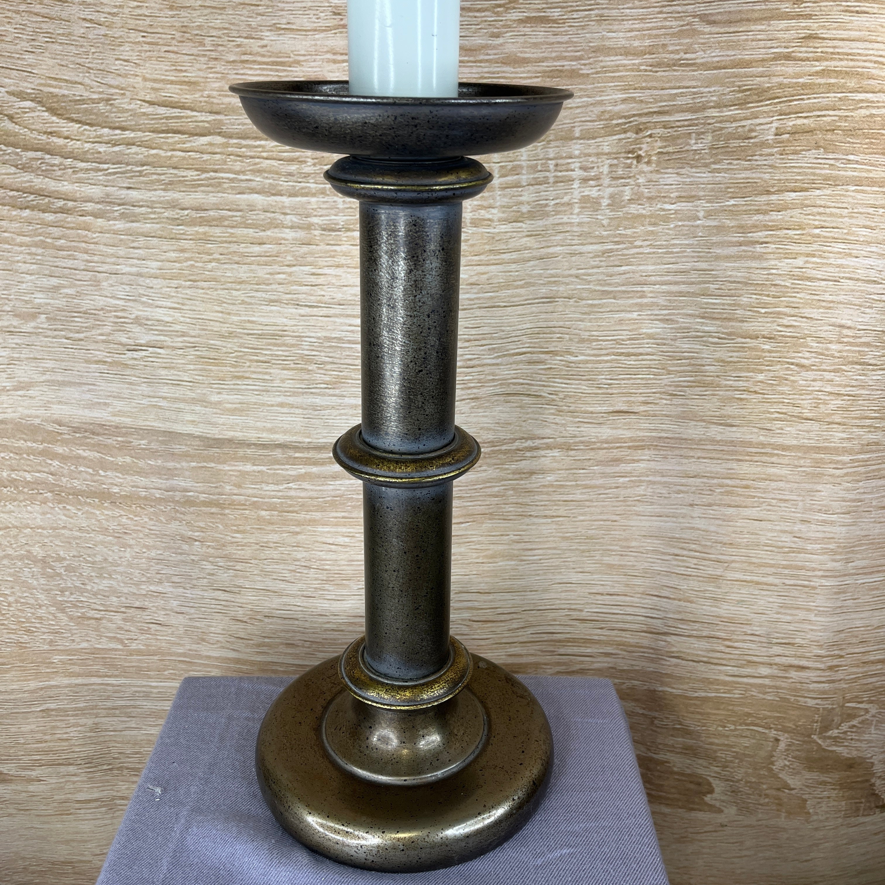 Vintage Antiqued Metal and Brass Candlestick Colum with Shade Table Lamp 20" Diameter @ Shade x 30"