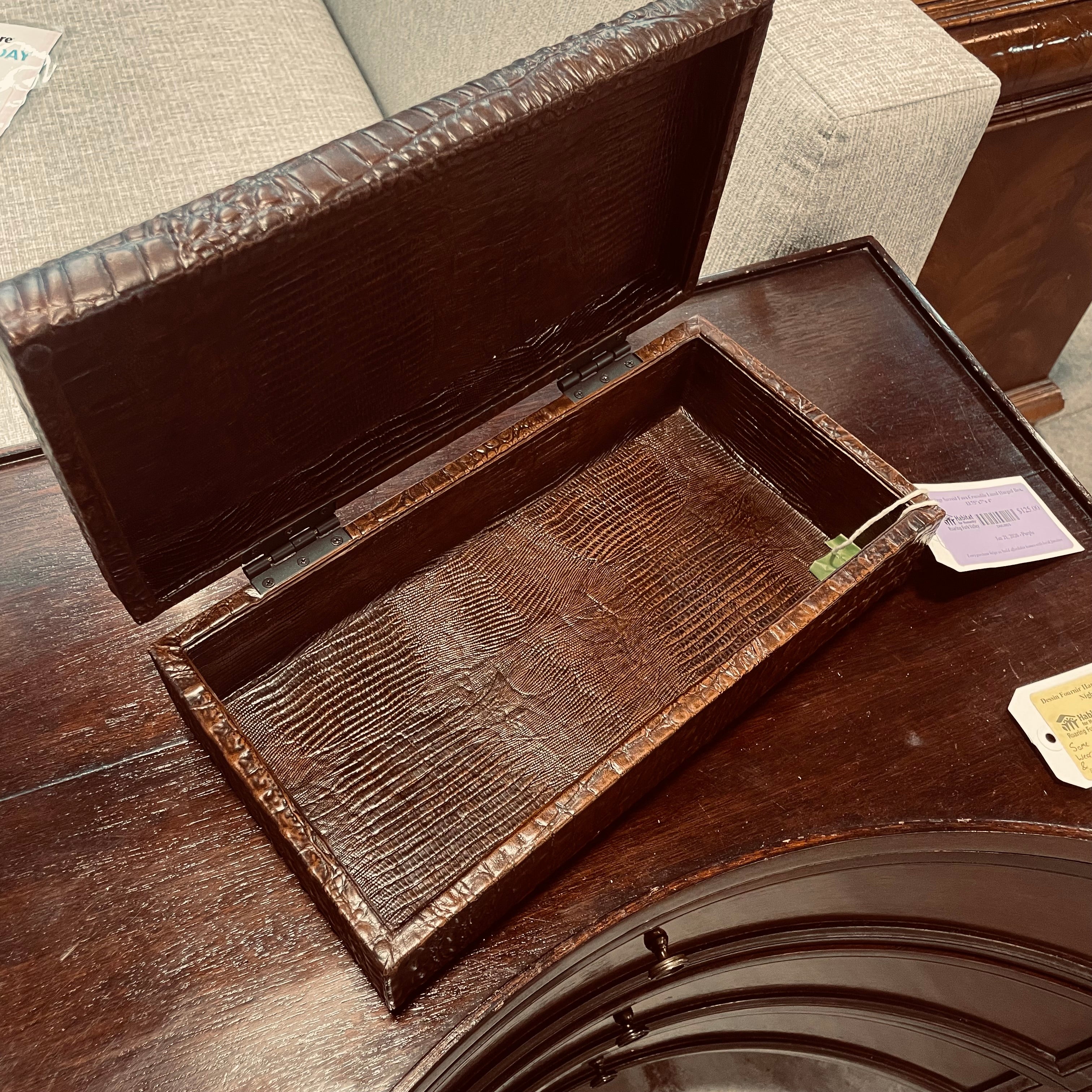 Vintage Sarreid Faux Crocodile Lined Hinged Box, 13.75"x7"x 4"