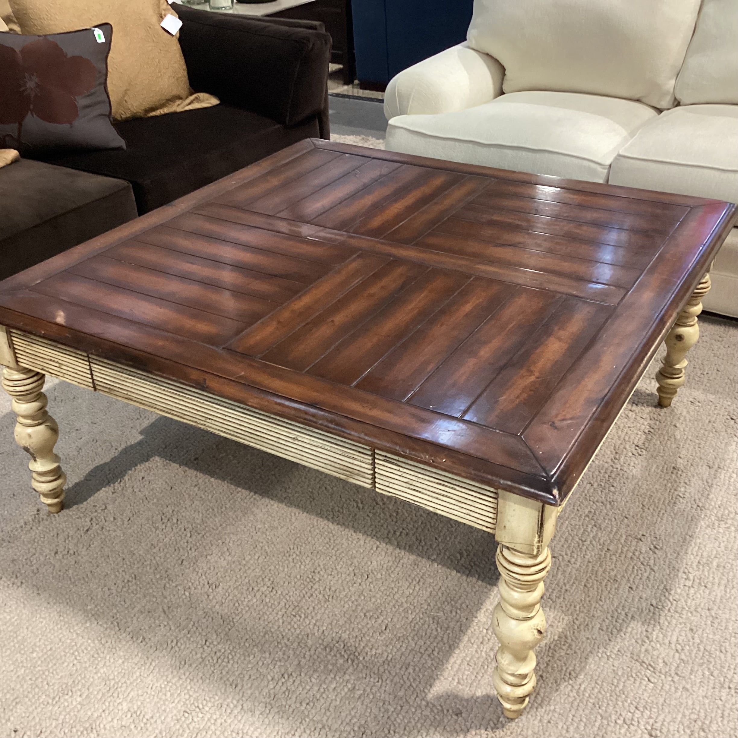 Antiqued Cream & Dark Finished Carved Wood 2 Drawer Coffee Table 48"x 48"x 21"