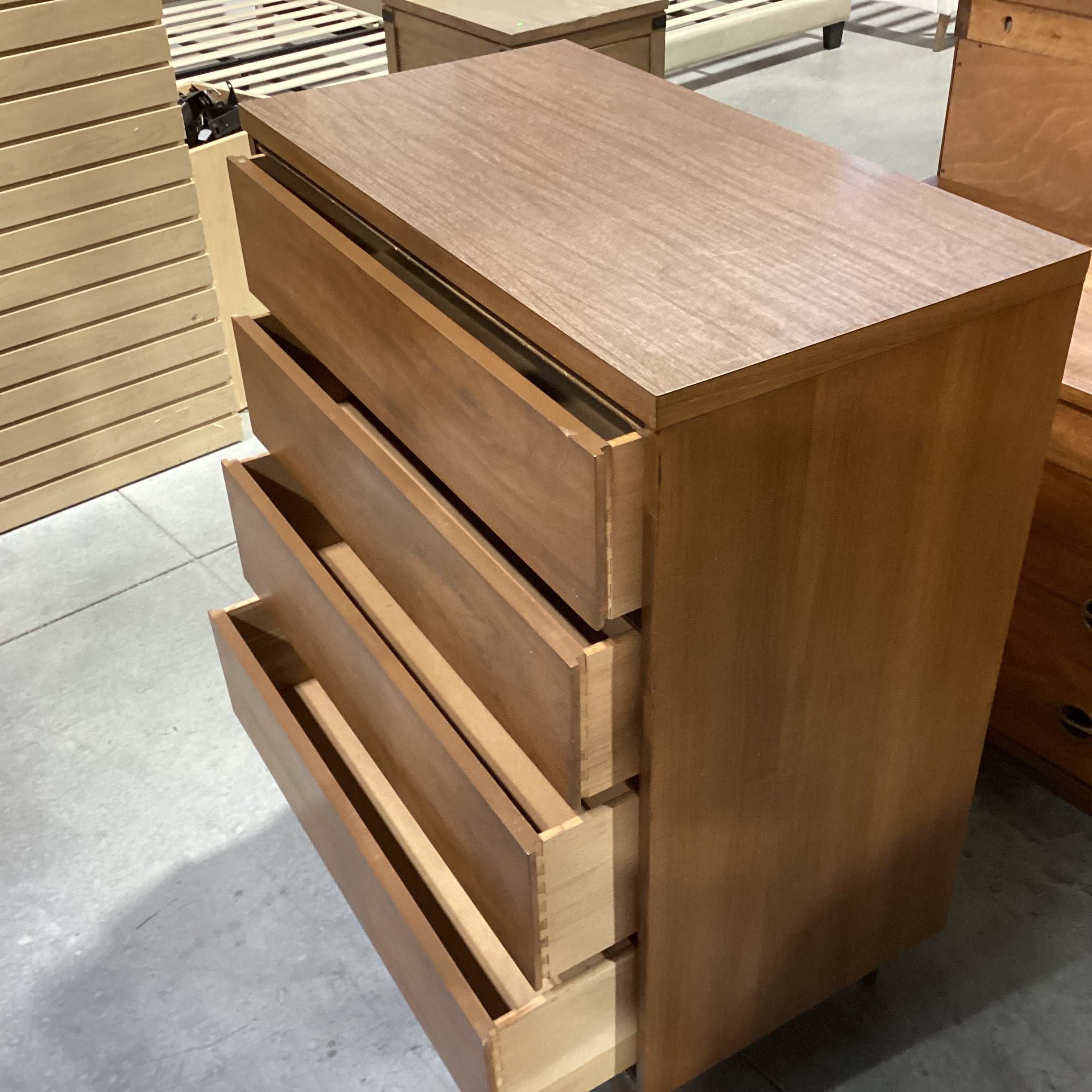 Mid Century Walnut & Veneer 4 Drawer Chest 34"x 18"x 42"