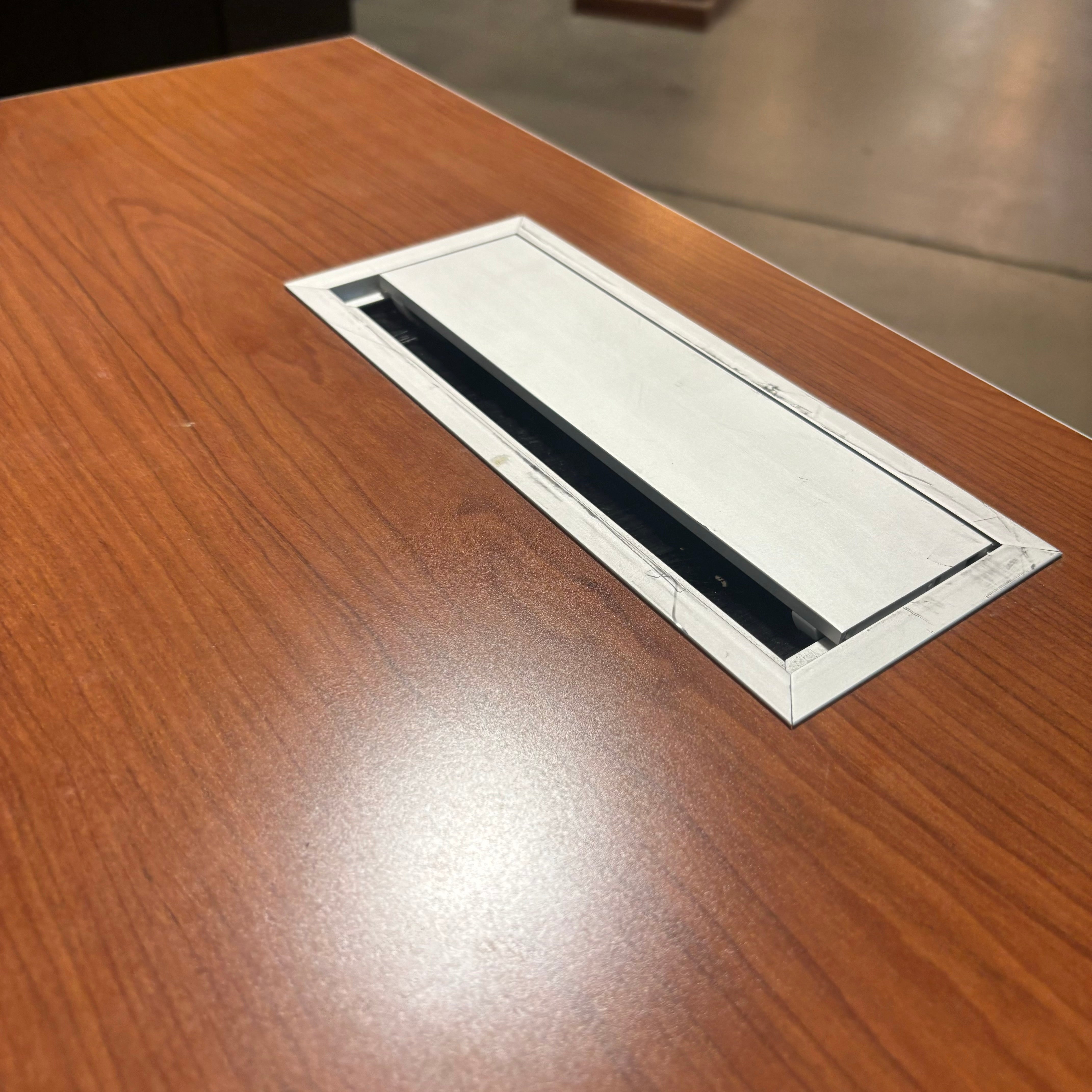 LINAK Dark Wood Veneer with Steel Base & Pullout Tray Adjustable Sit to Stand Desk 28"x 24"x 27" to 43"