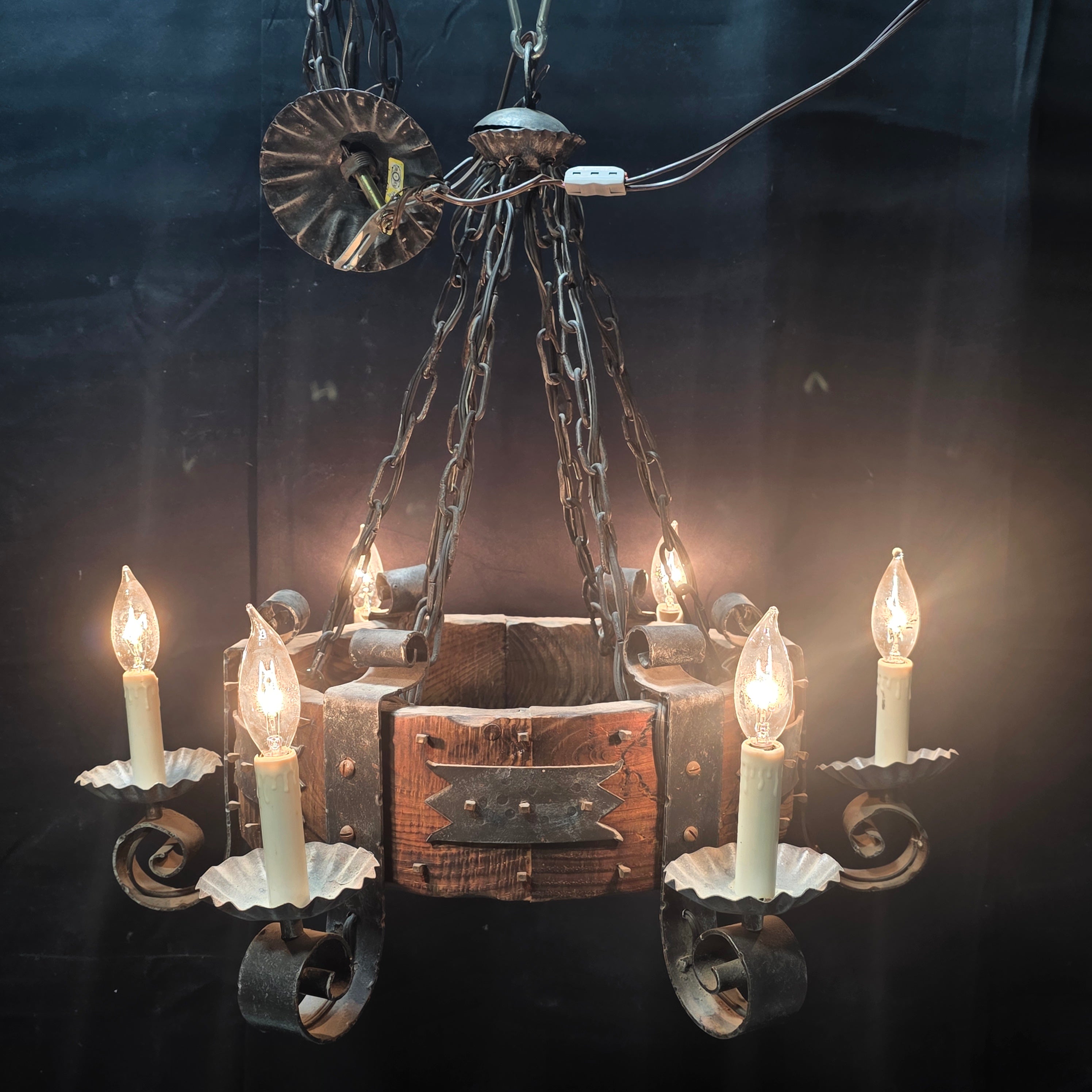 Vintage Medieval Tavern Wrought Iron and Wood Spanish Revival 6 Light Chandelier 22"Dx23"