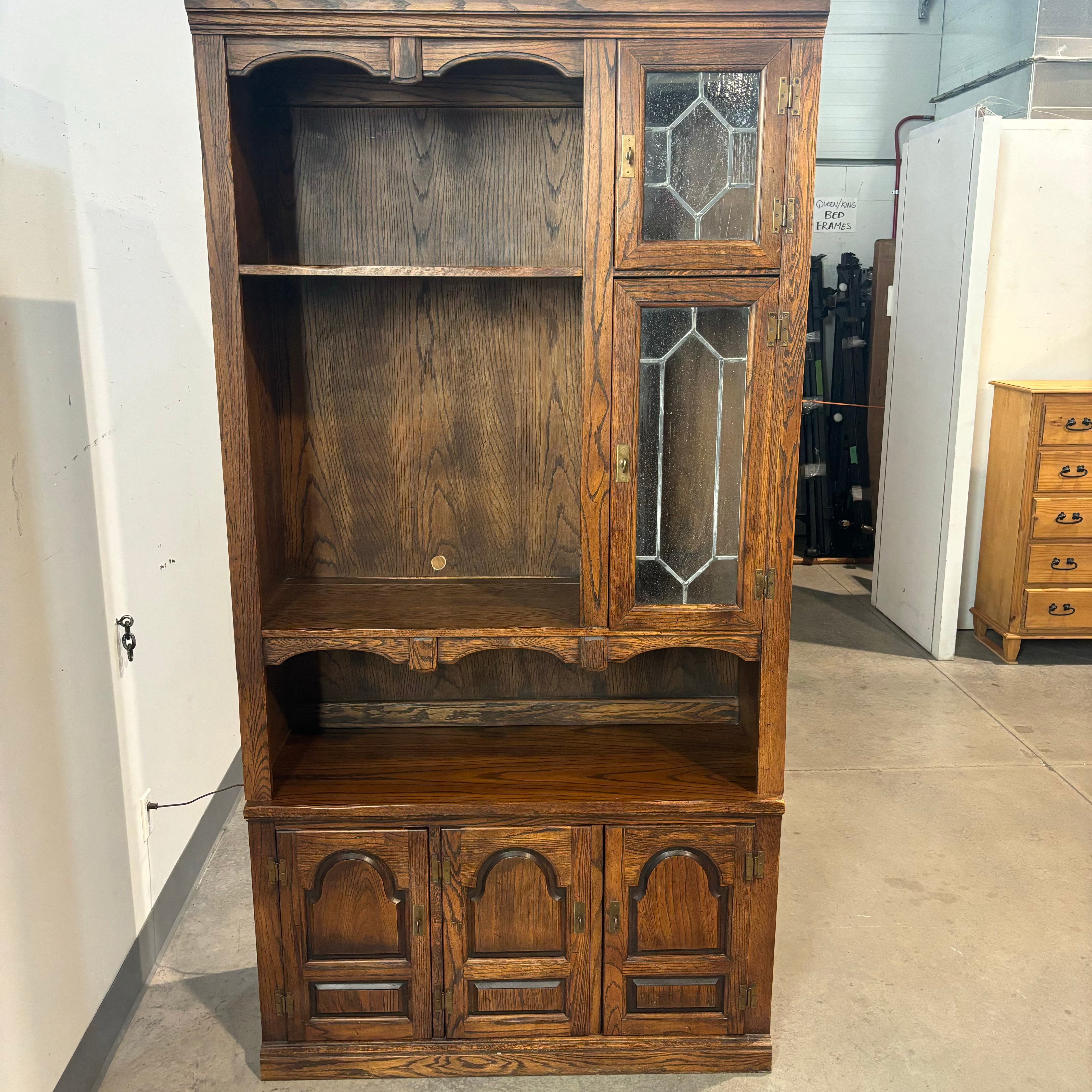 Dark Finish Solid Wood & Leaded Glass 5 Door Lighted Display Bookcase 45"x 18"x 87"