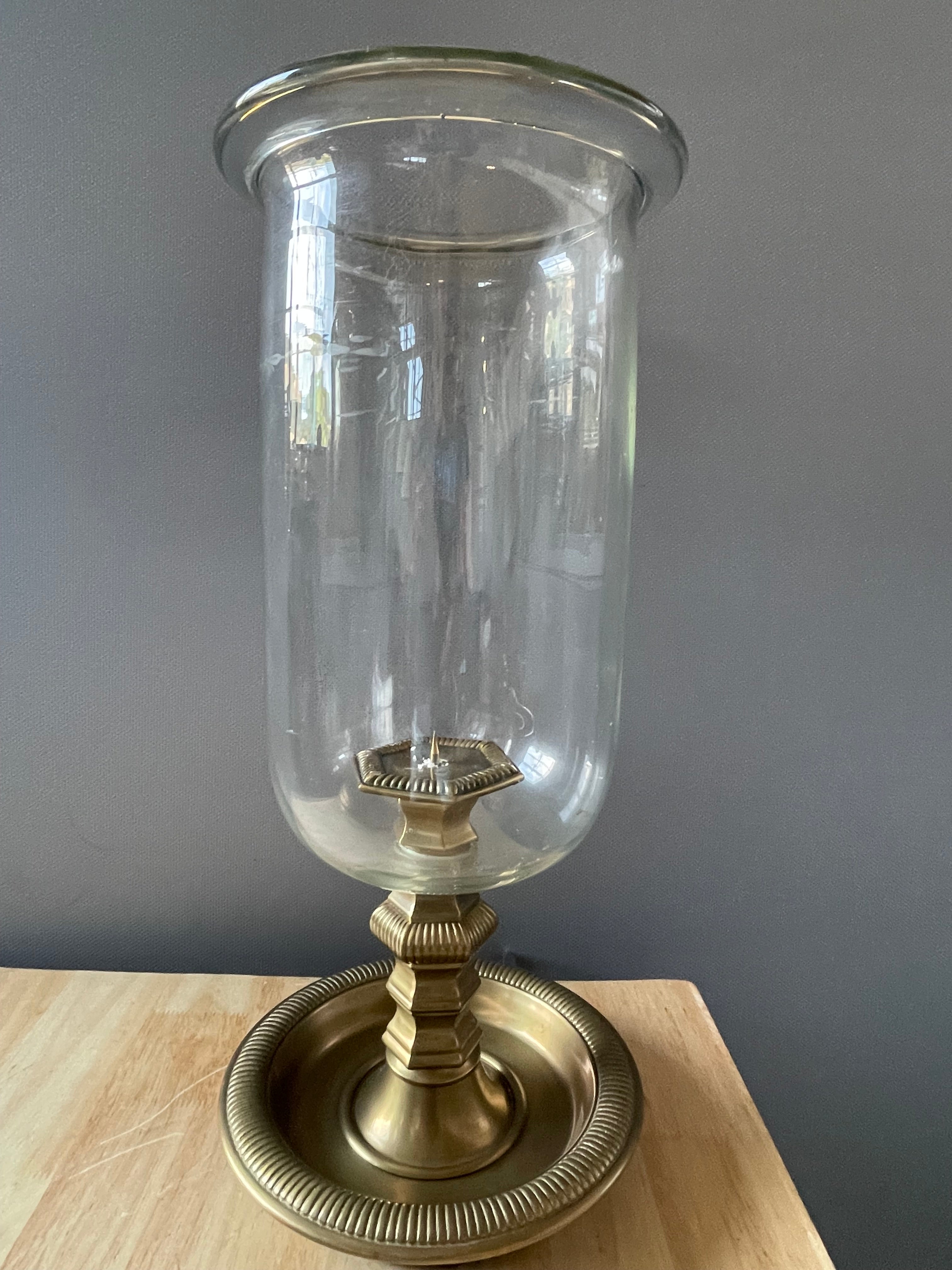 Set of 2 Classic Brass/Glass Pillar Hurricane Candle Holders