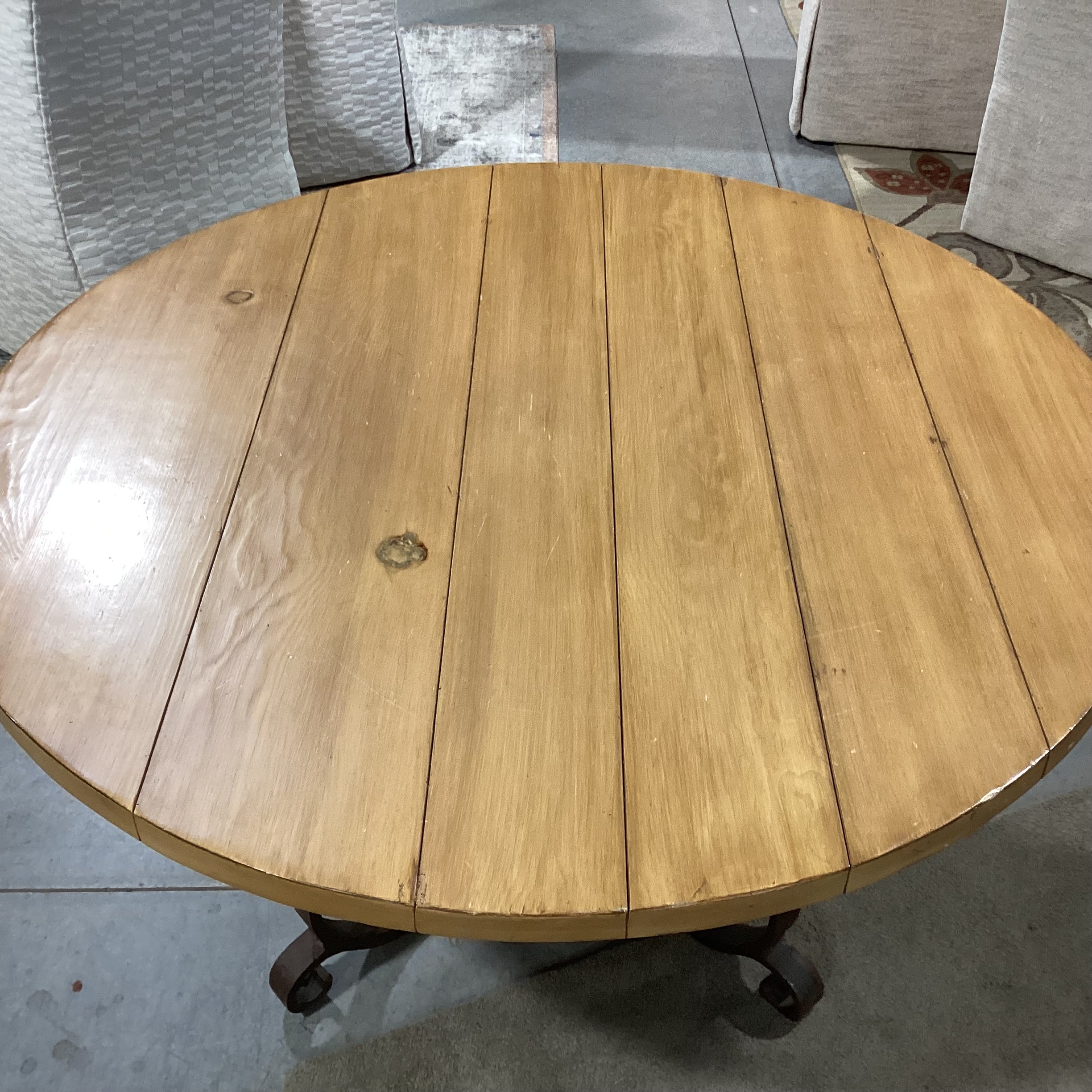 Round Pine Plank & Heavy Ornate Iron Dining Table 54" Diameter x 29.5"