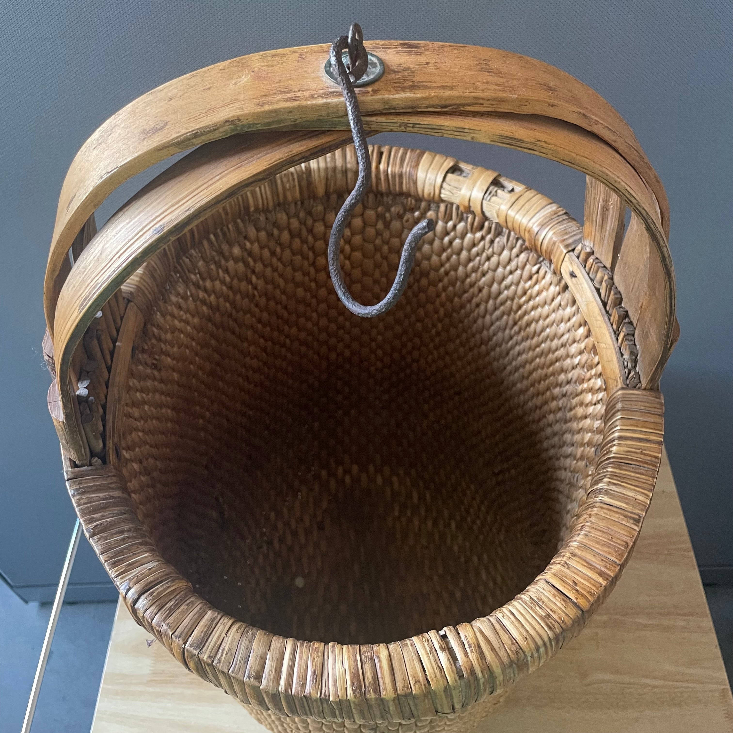 Antique Chinese Bamboo, Rattan Woven Rice Bucket, 16"x 13"x 24"