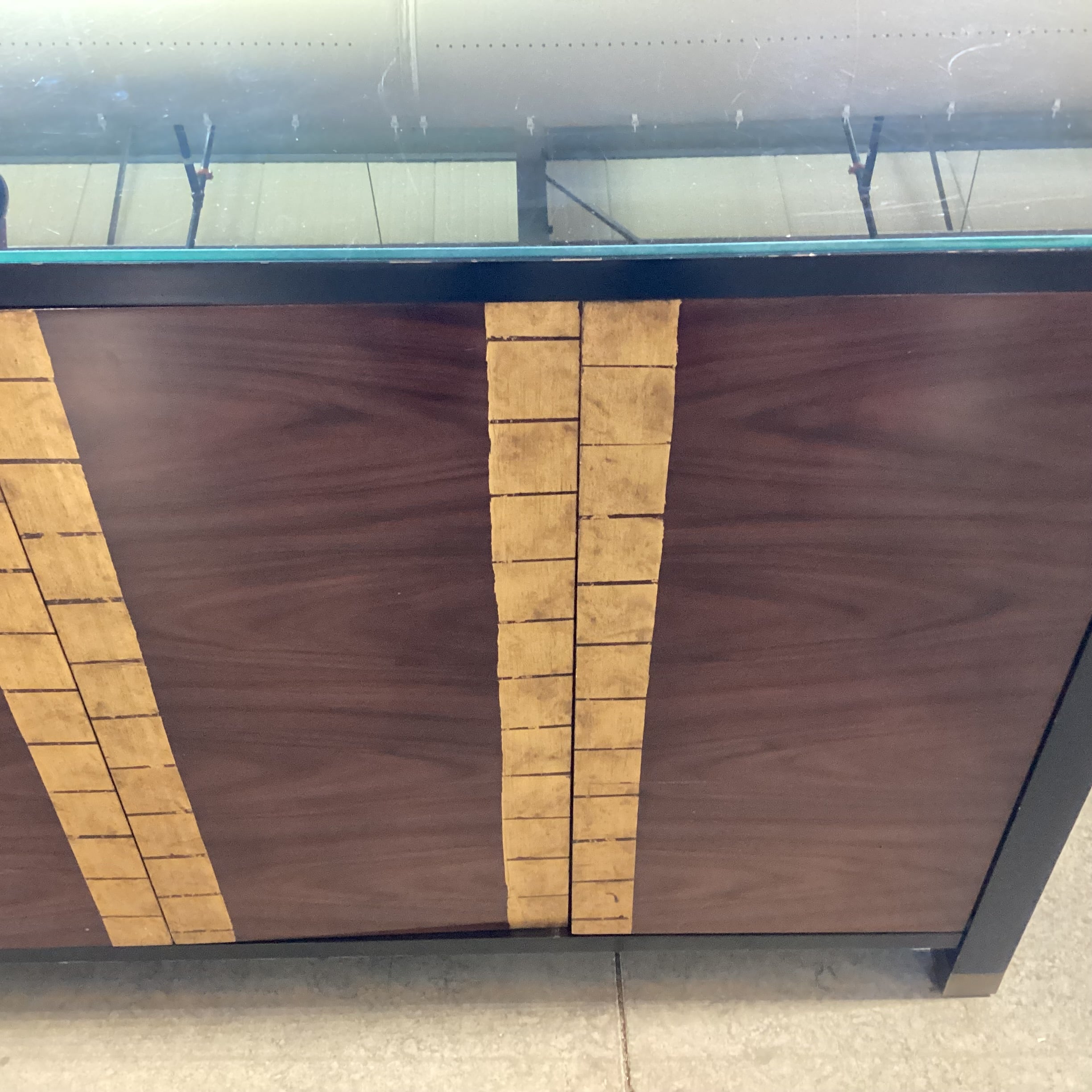 Bolier & Co Vintage Black Lacquer Dark Finished Wood Veneer & Gold Gilt 4 Door 6 Drawer & Shelves Credenza 82"x 21"x 30.5"