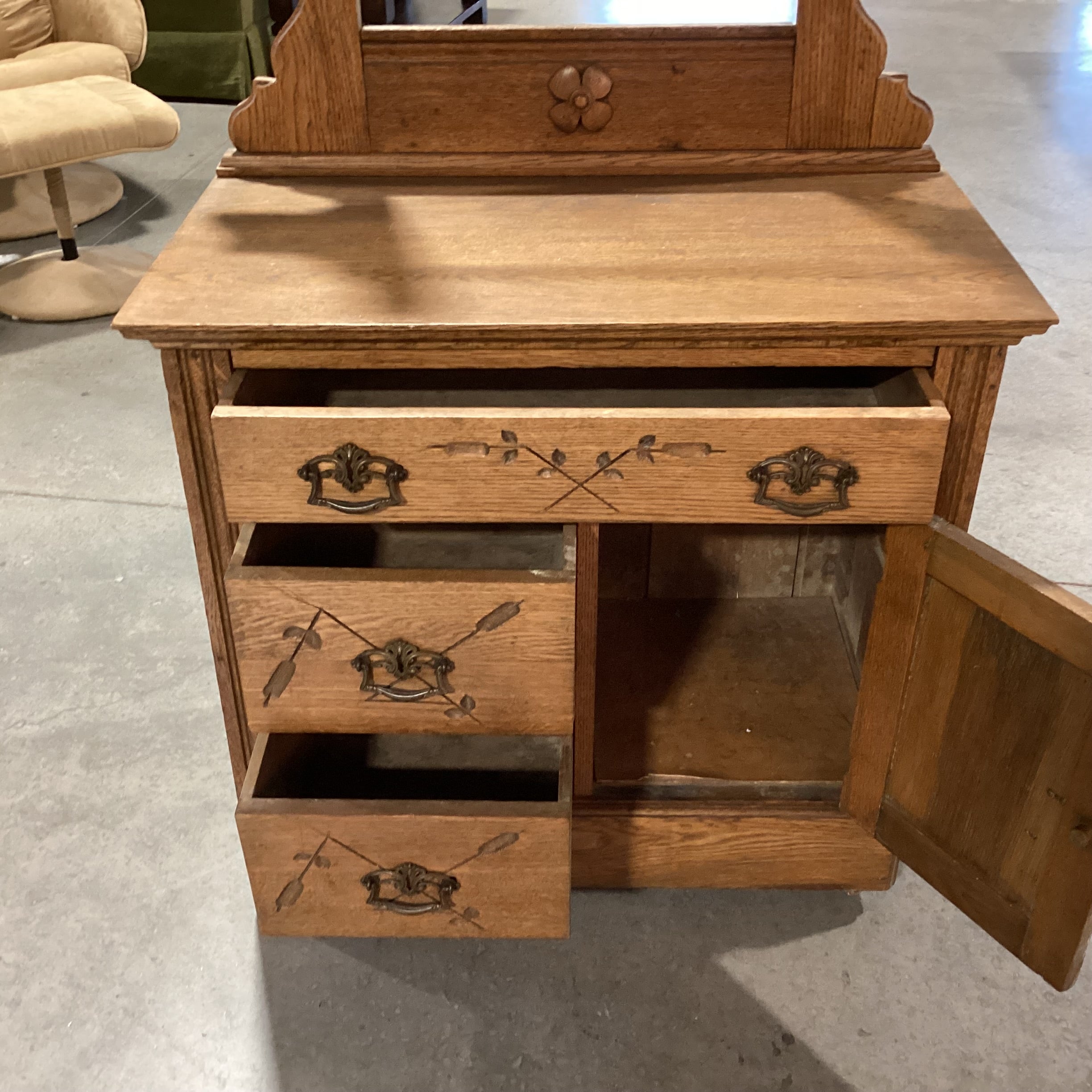 Antique Carved Oak 3 Drawer 1 Door with Towel Rack on Casters Dry Sink Chest 32"x 17"x 56.5"