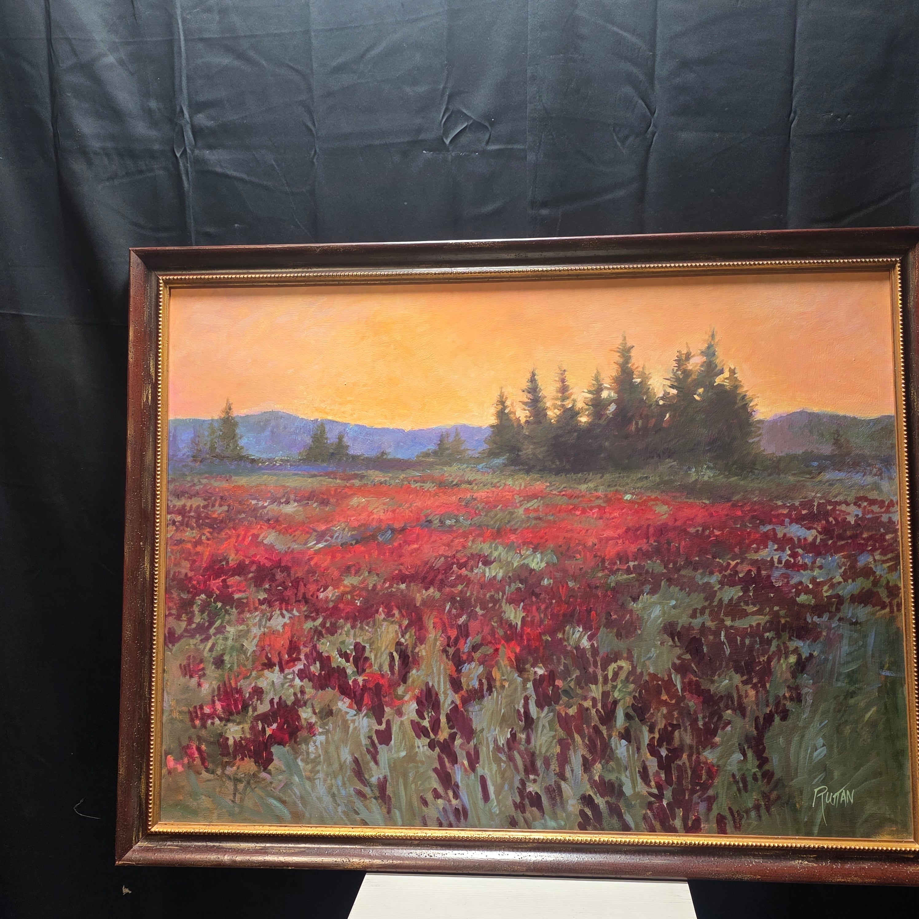Ann Ruttan Oil on Canvas Red Flowers in Field Landscape 53"x41" Canvas is 48"x36"
