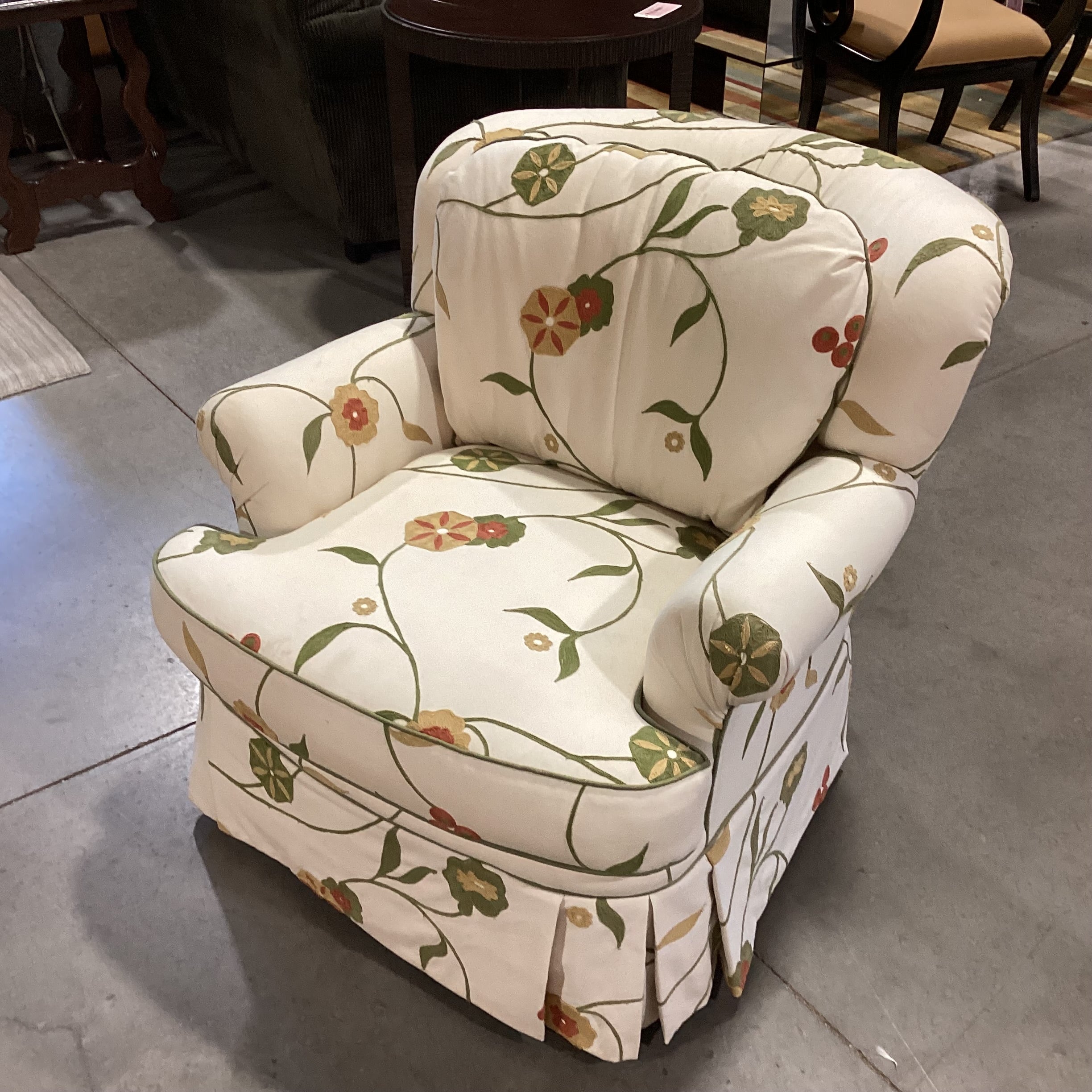 Dindy Foster Interiors Custom Cream with Embroidered Applique Green Gold Rust Floral Chair 35"x 40"x 32"