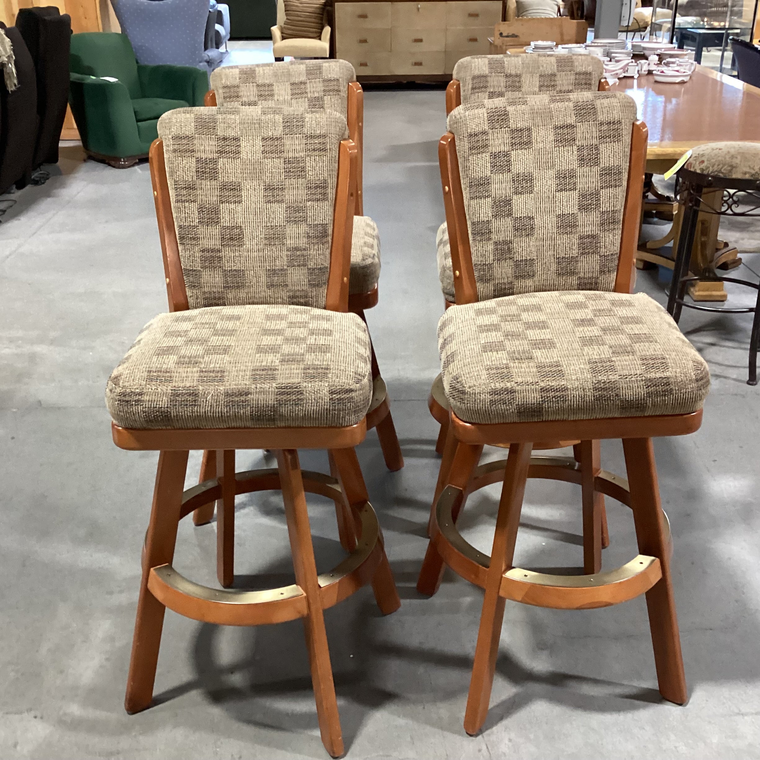 SET of 4 Wood with Checkered Upholstery Brass Plate Foot Rest Swivel Barstool 31"