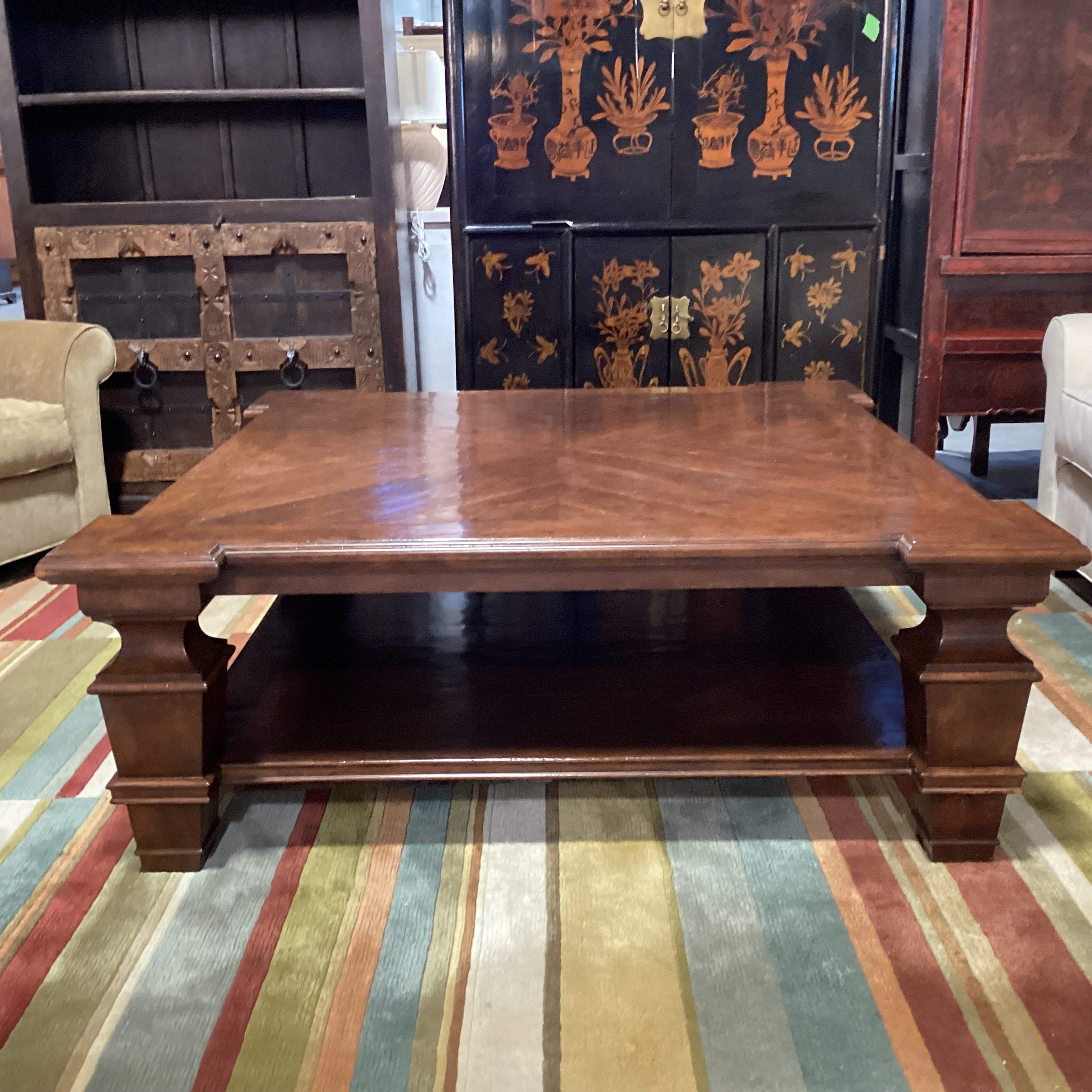 Carved Wood with Dark Lacquered Distressed Finish Matched Inset & Bottom Shelf Coffee Table 60"x 60"x 21"