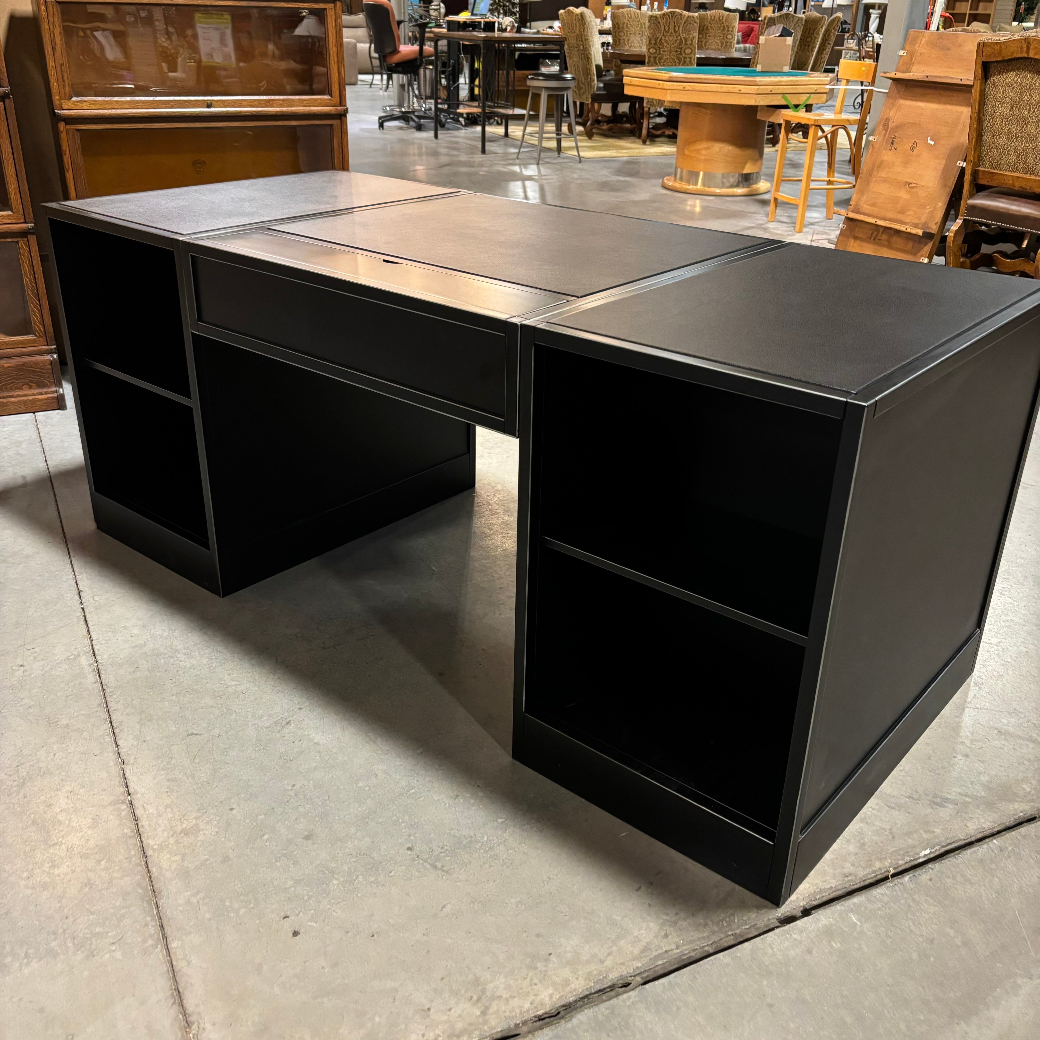 Arhaus Usine Black Finish Wood with Leather Top 6 Soft Close Drawers & Center Pullout Executive Desk 72"x 34"x 30"