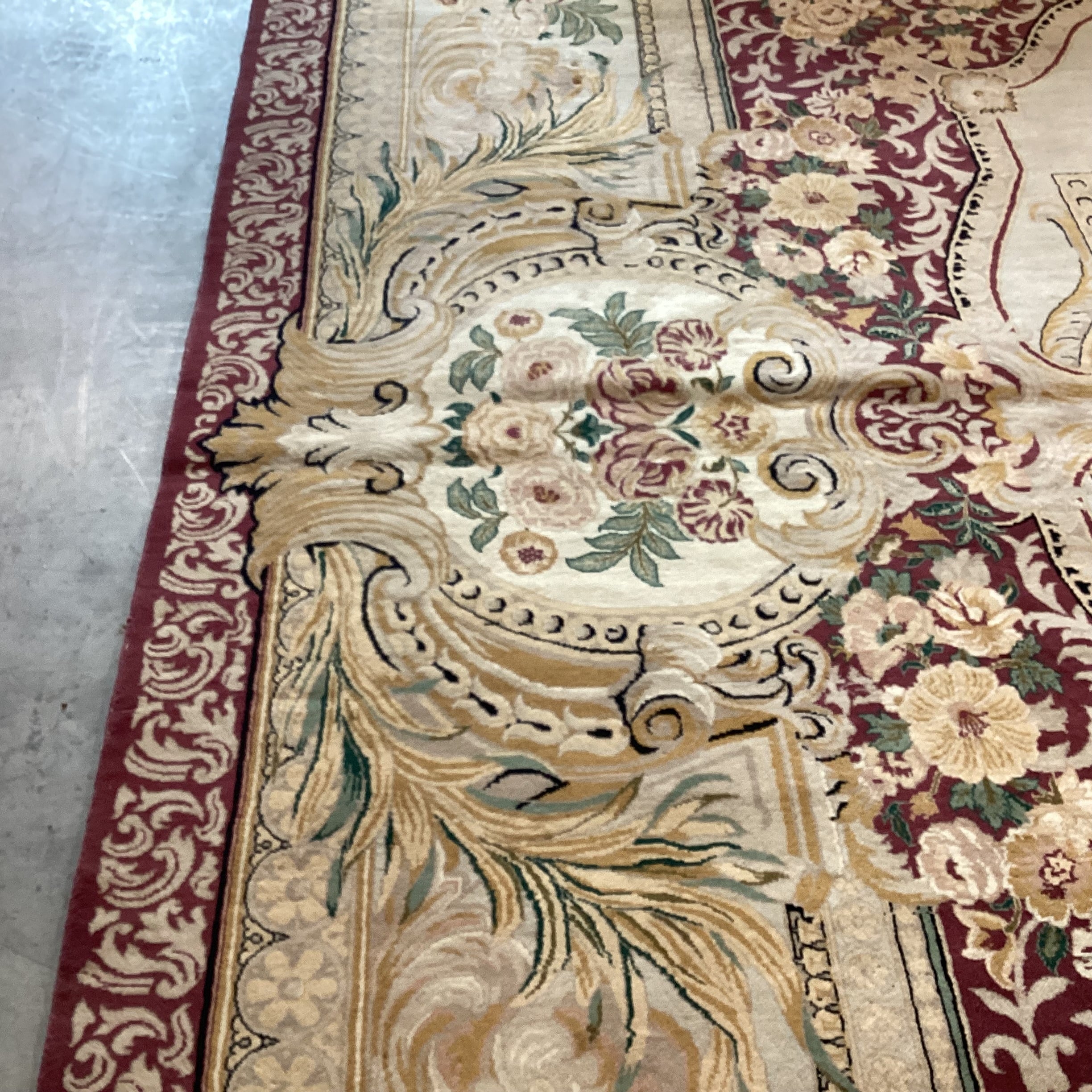 Cream Gold Burgundy & Green Floral Woven Wool Rug 10' x 14'