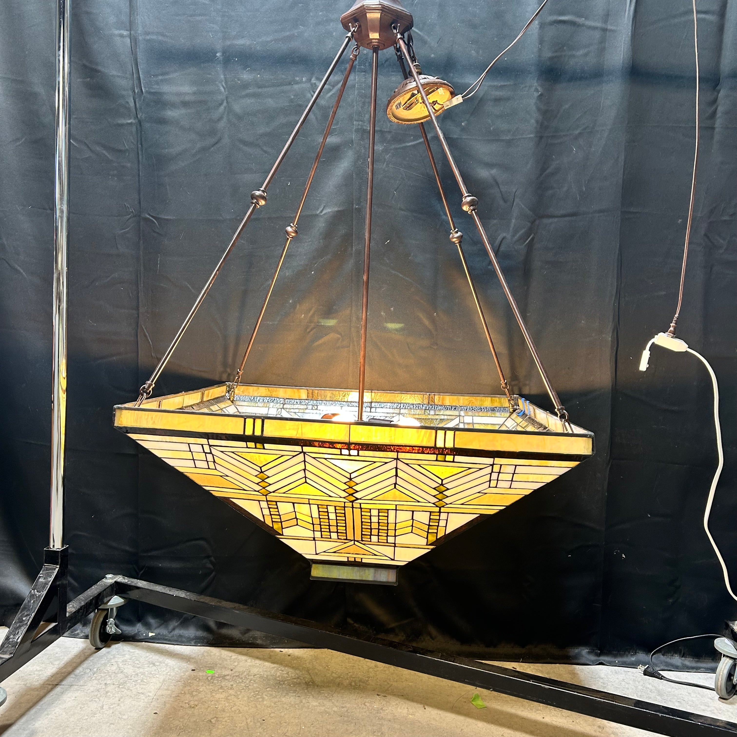 Tiffany mission style inverted 3 Light pendant 30.5"x 30.5"x 48"