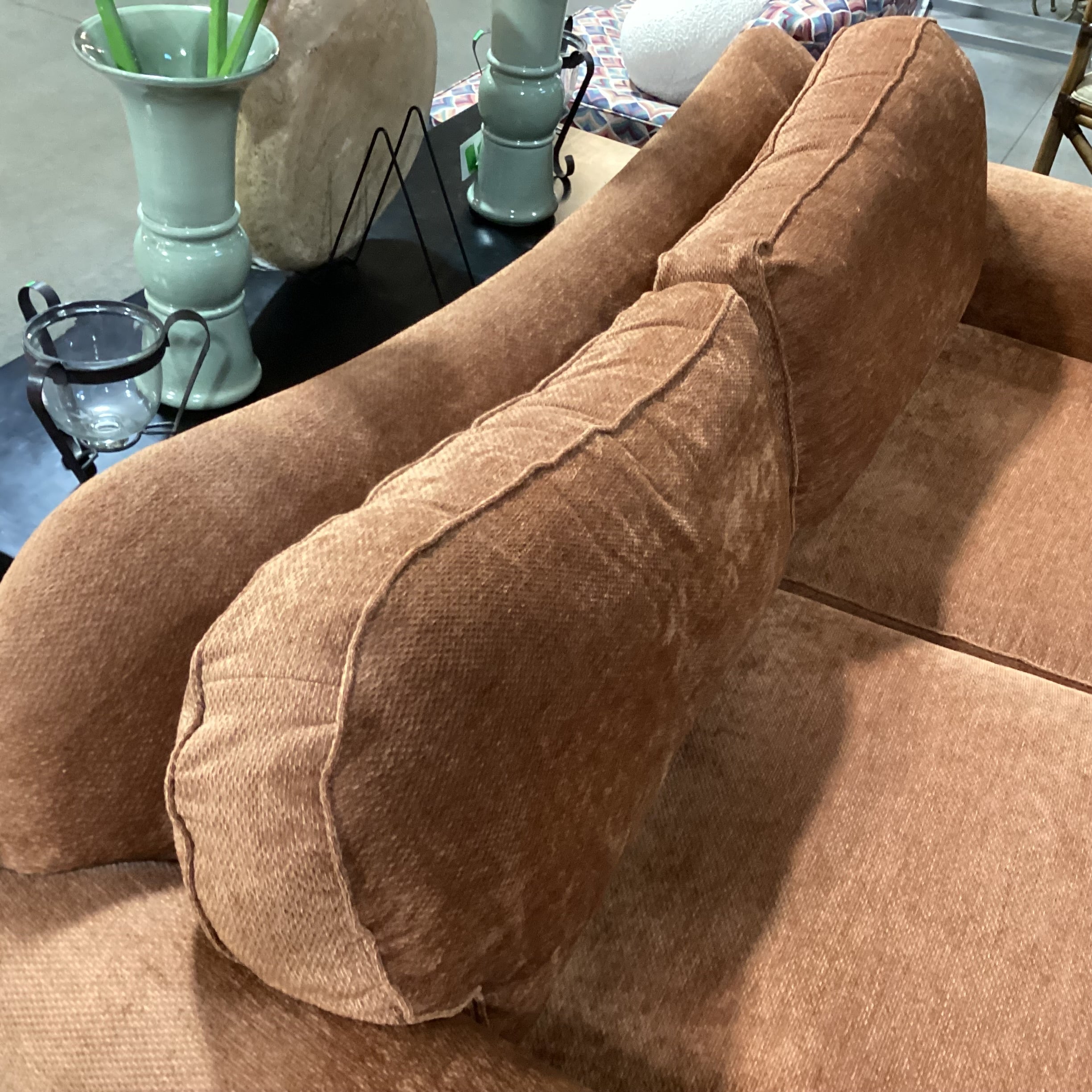 Ethan Allen Burnt Orange Chenille Woven with Roll Arm Curved Sofa 90"x 45"x 35"