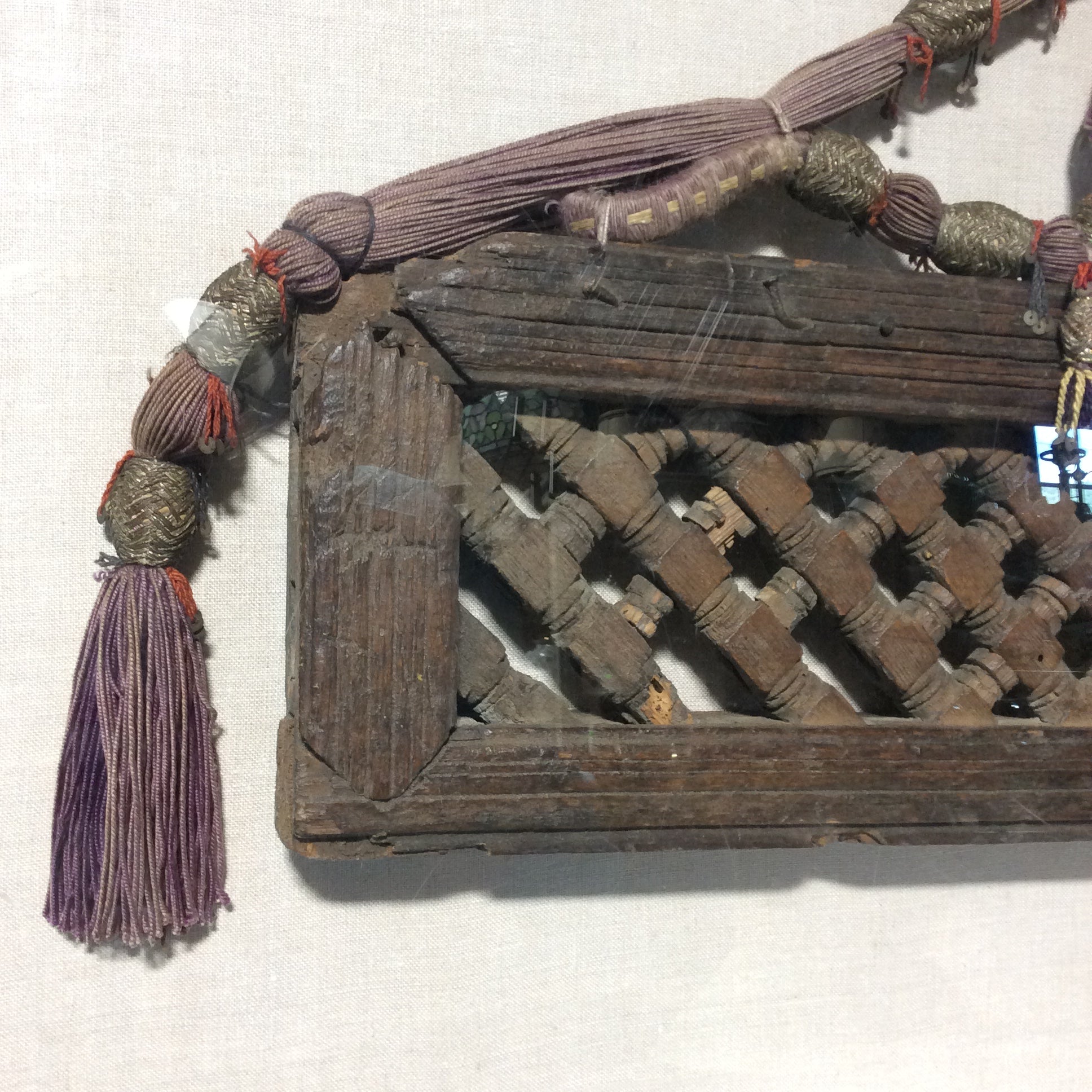 Antique Hand-Carved Wood With Ornamental Fabric Hanger/Attachment In Plexiglass Shadow Box 36" x 25"