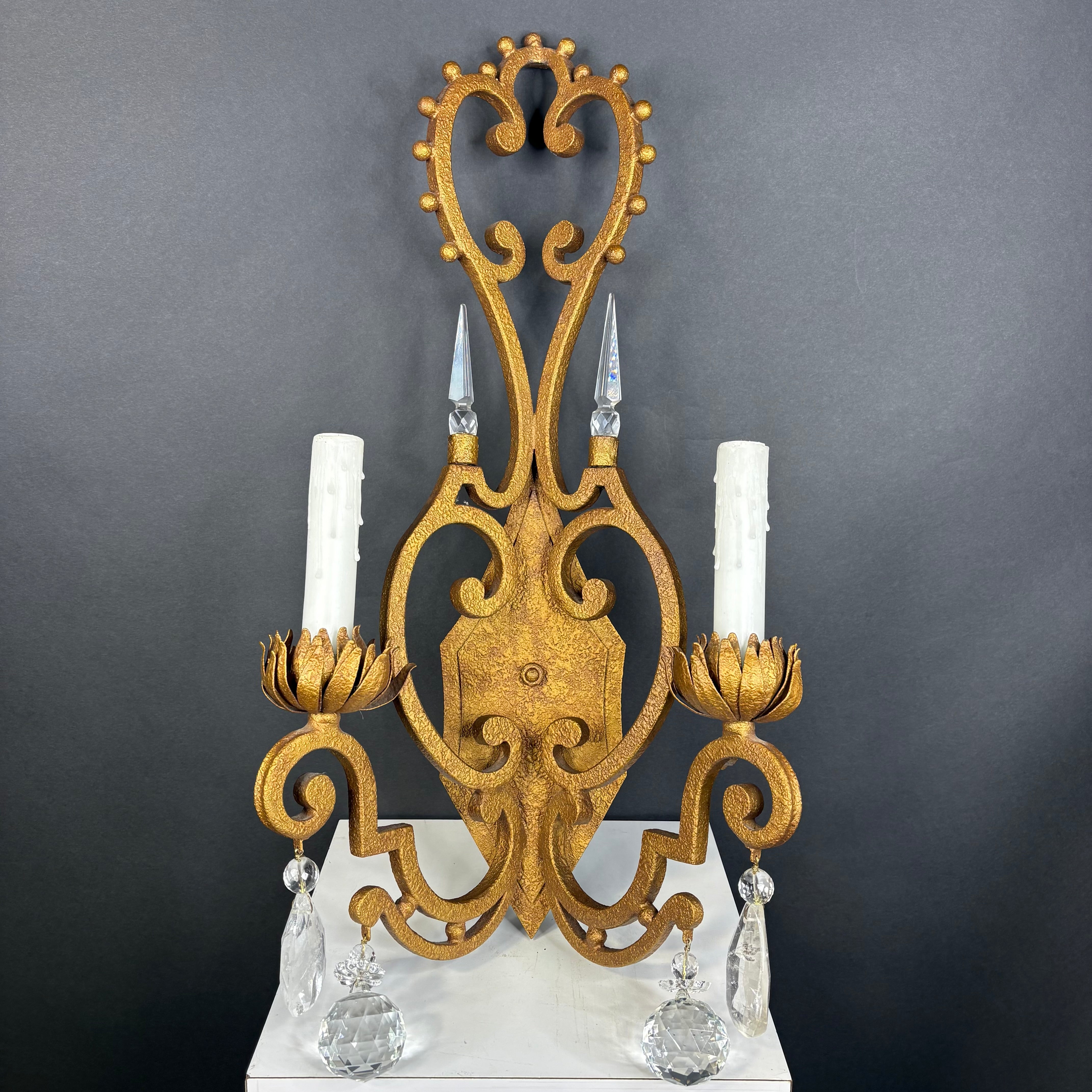 Hollywood Regency Style 2-Light Textured Gold Finish Metal and Crystal Accents Wall Sconce 13”x 26”x 7”