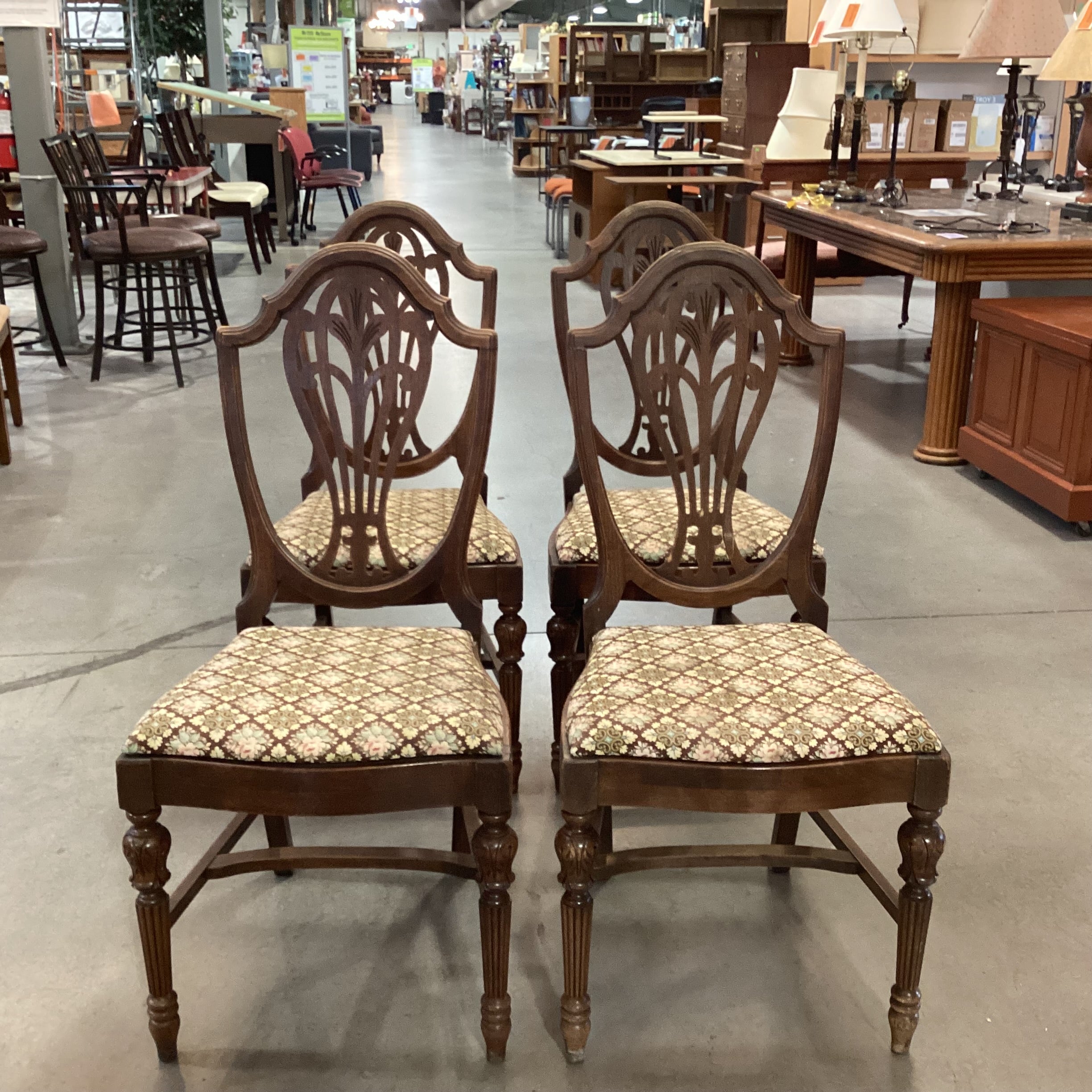 SET of 4 Antique Carved Wood Harp Back & Floral Upholstered Seat Dining Chairs 19"x 19"x 40"
