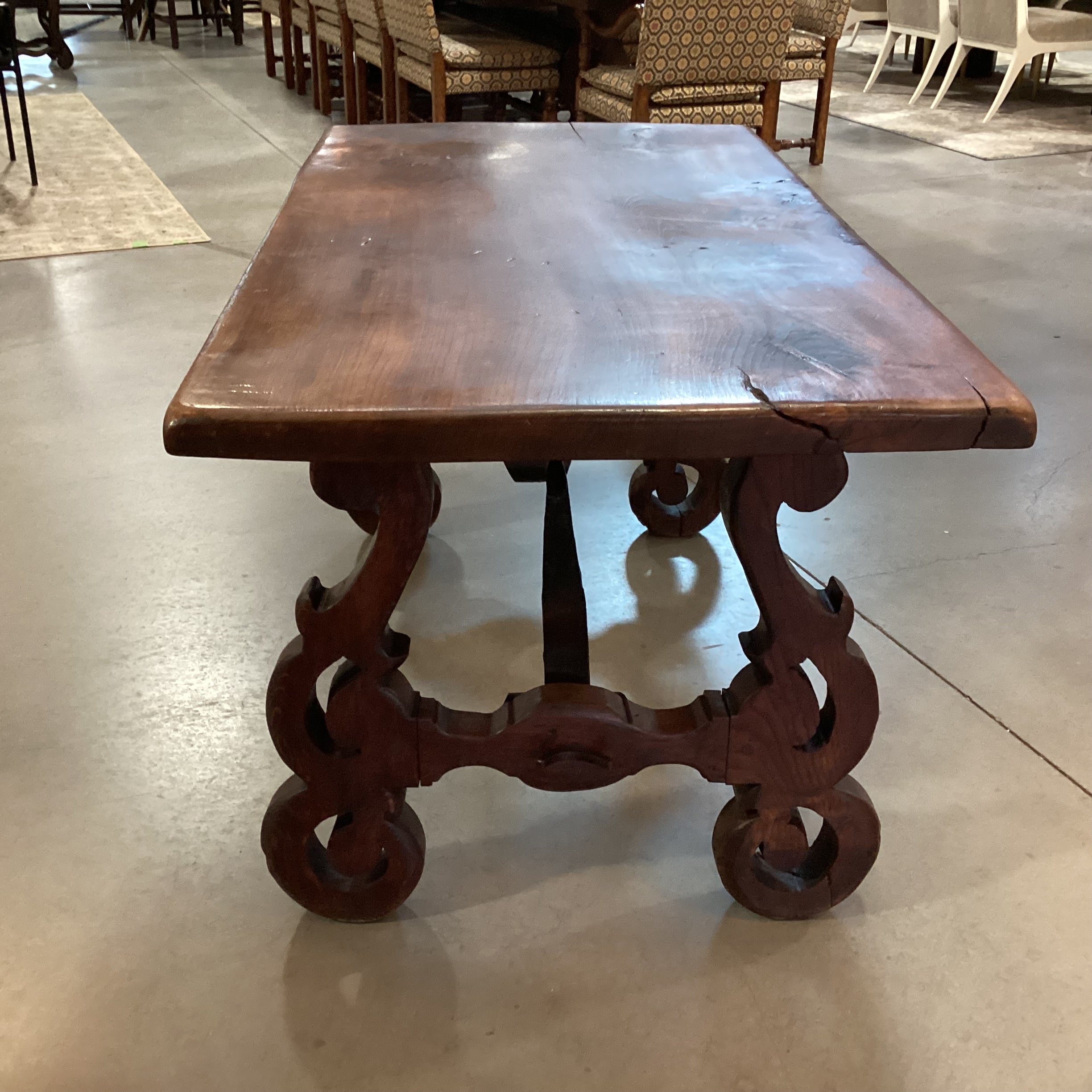 Vintage Antique Solid Wood Carved Side Legs & Iron Stetchers Trestle Accent Table 55"x 31"x 29"