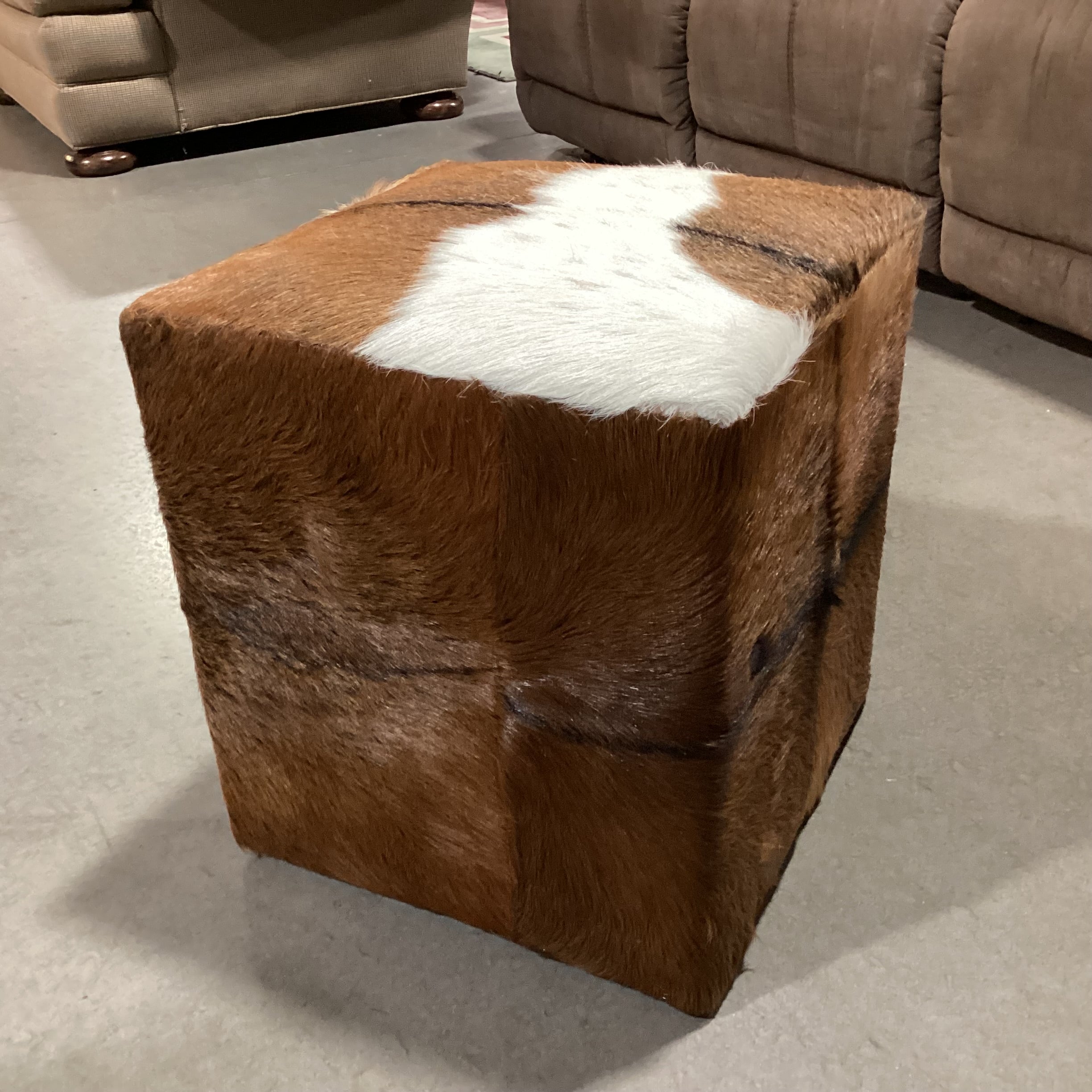 Brown & White Cowhide Cube Ottoman 16"x 16"x 17"