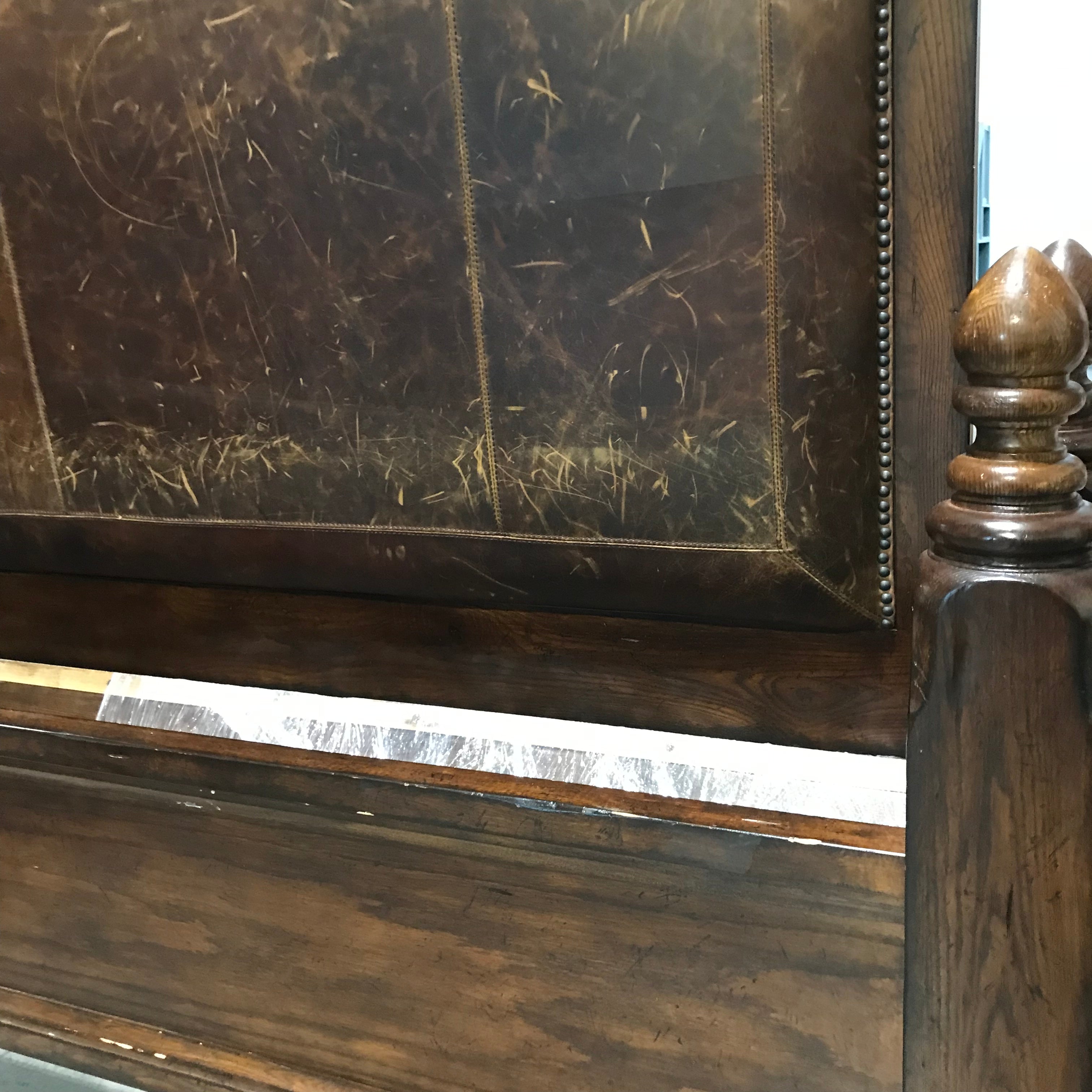 Queen Solid Dark Finish Wood with Leather and Nail Head Headboard 66.5"x 89.5"x 66.5"