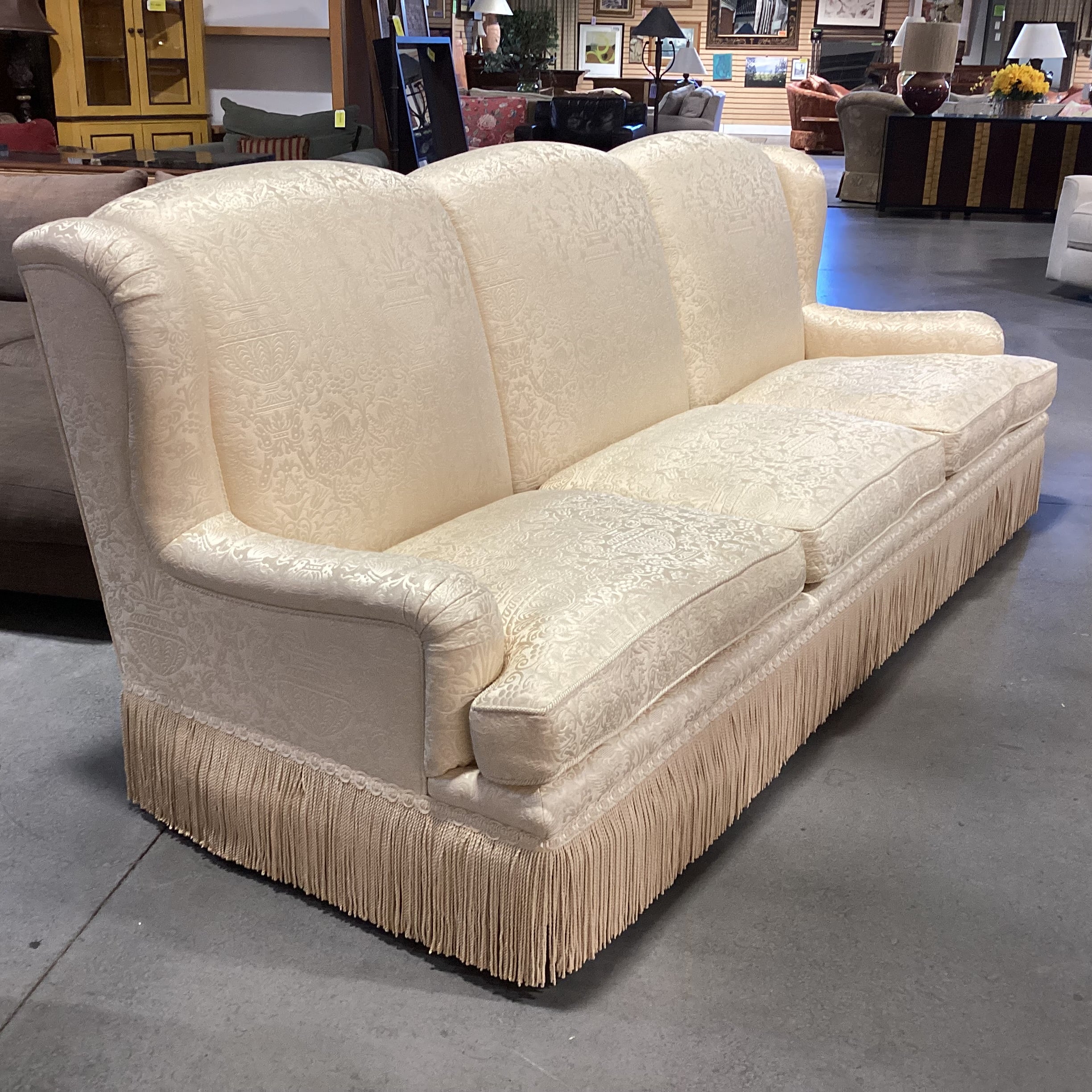 Custom Gold Raised Stitched Floral Urns with Piping & Fringe Down Mix High Back Sofa 102"x 41"x 41"