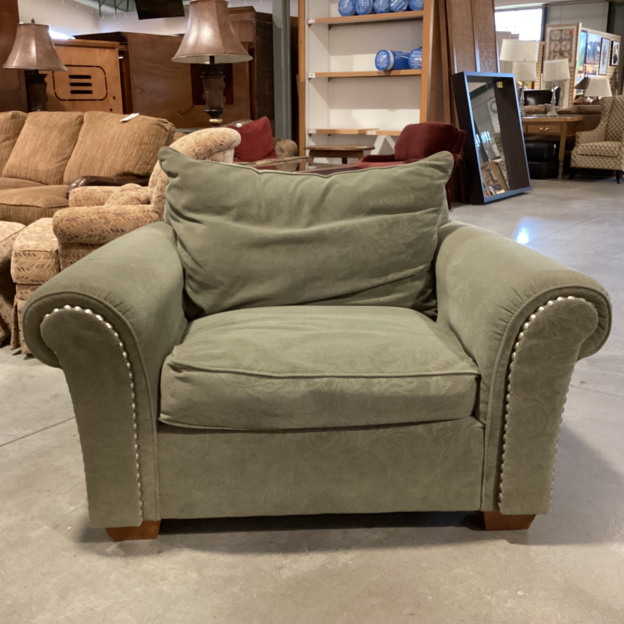 Sage Raised Scroll Floral & Nailhead Chair 50"x 39"x 30"
