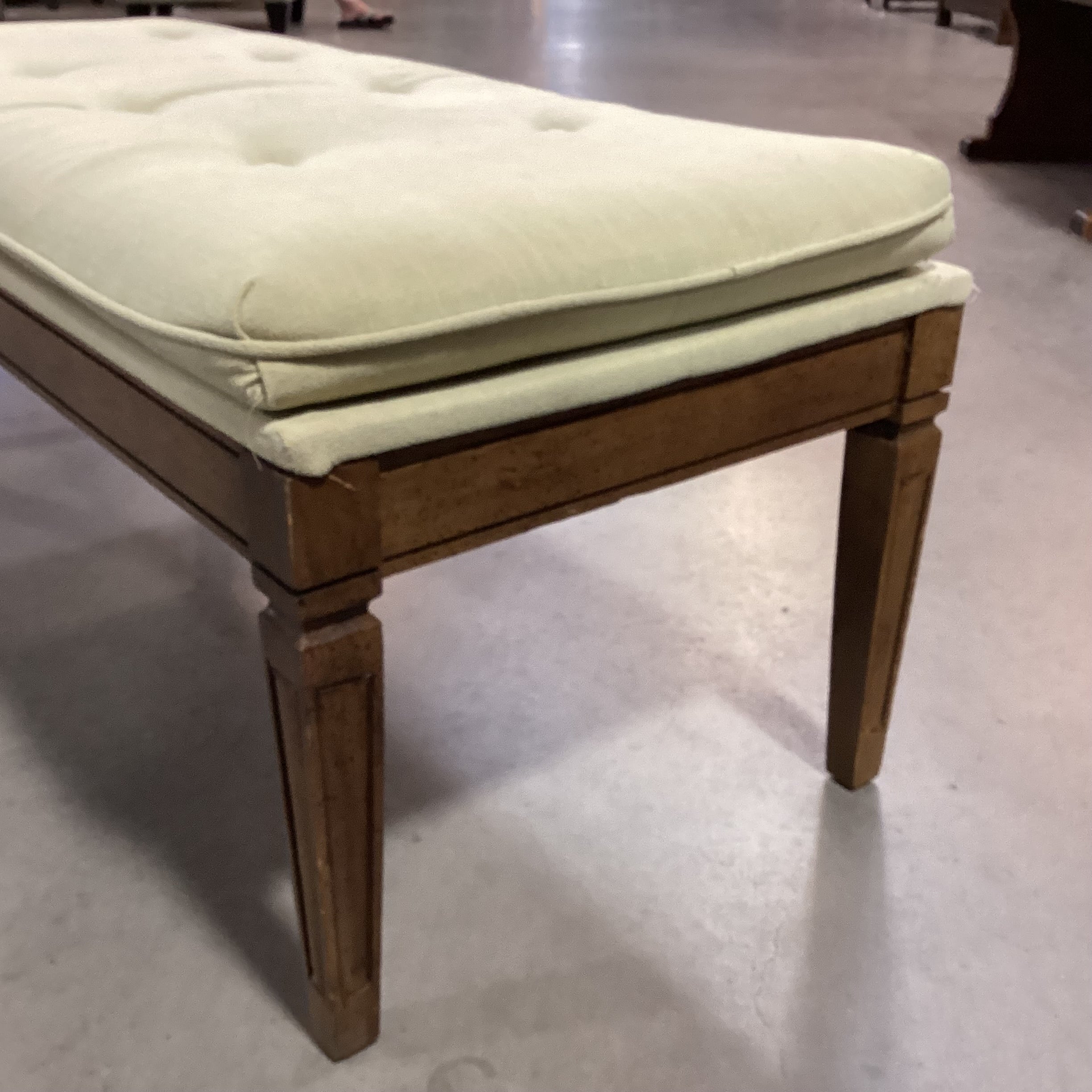 Vintage Carved Wood & Reed Green Button Tufted Bench 44"x 19"x 17"