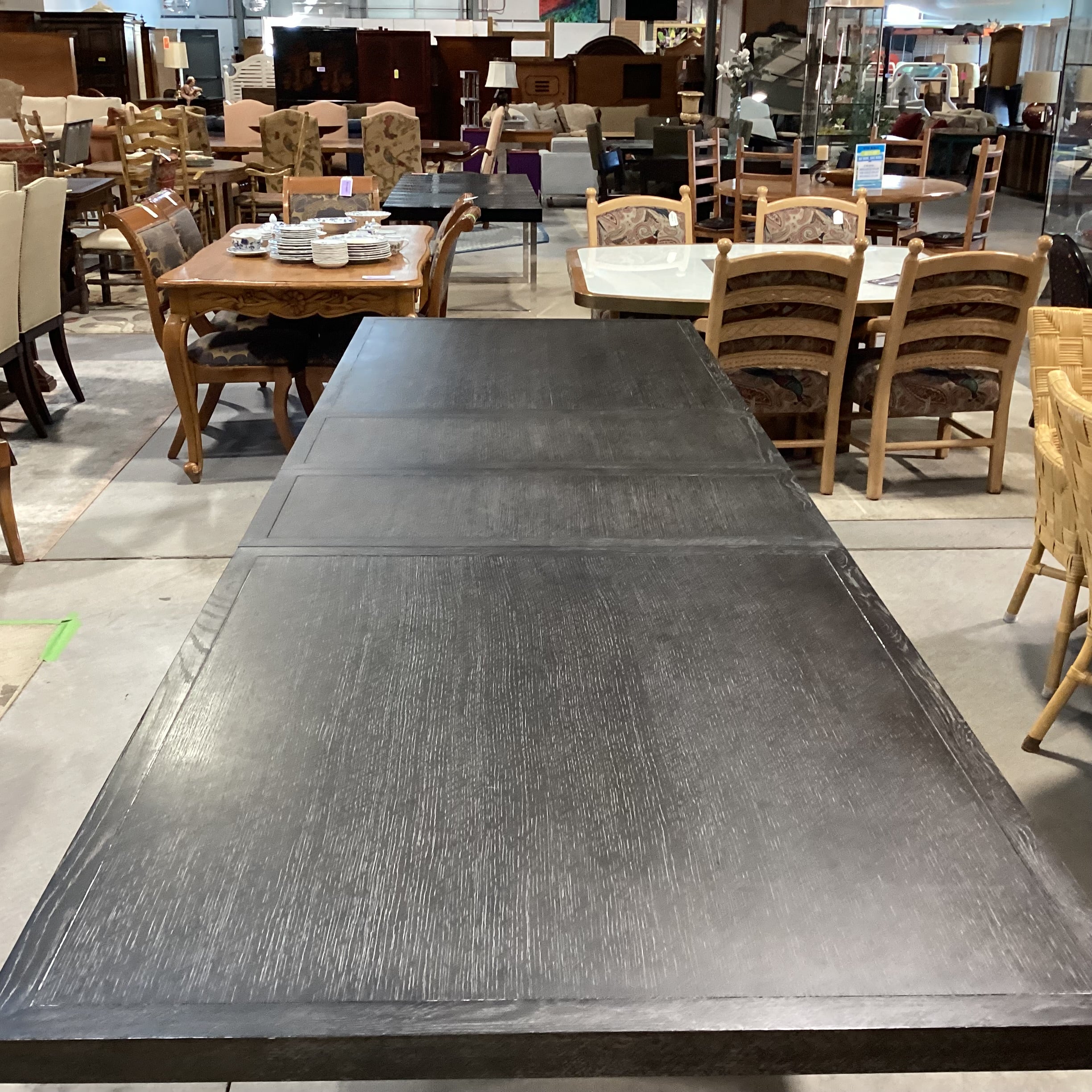 Mitchell Gold & Bob Williams Modern Cerused Charcoal Finish Oak Geometrical Pedestals with Brass Emerson Dining Table 96" to 132"x 42"x 30.5"