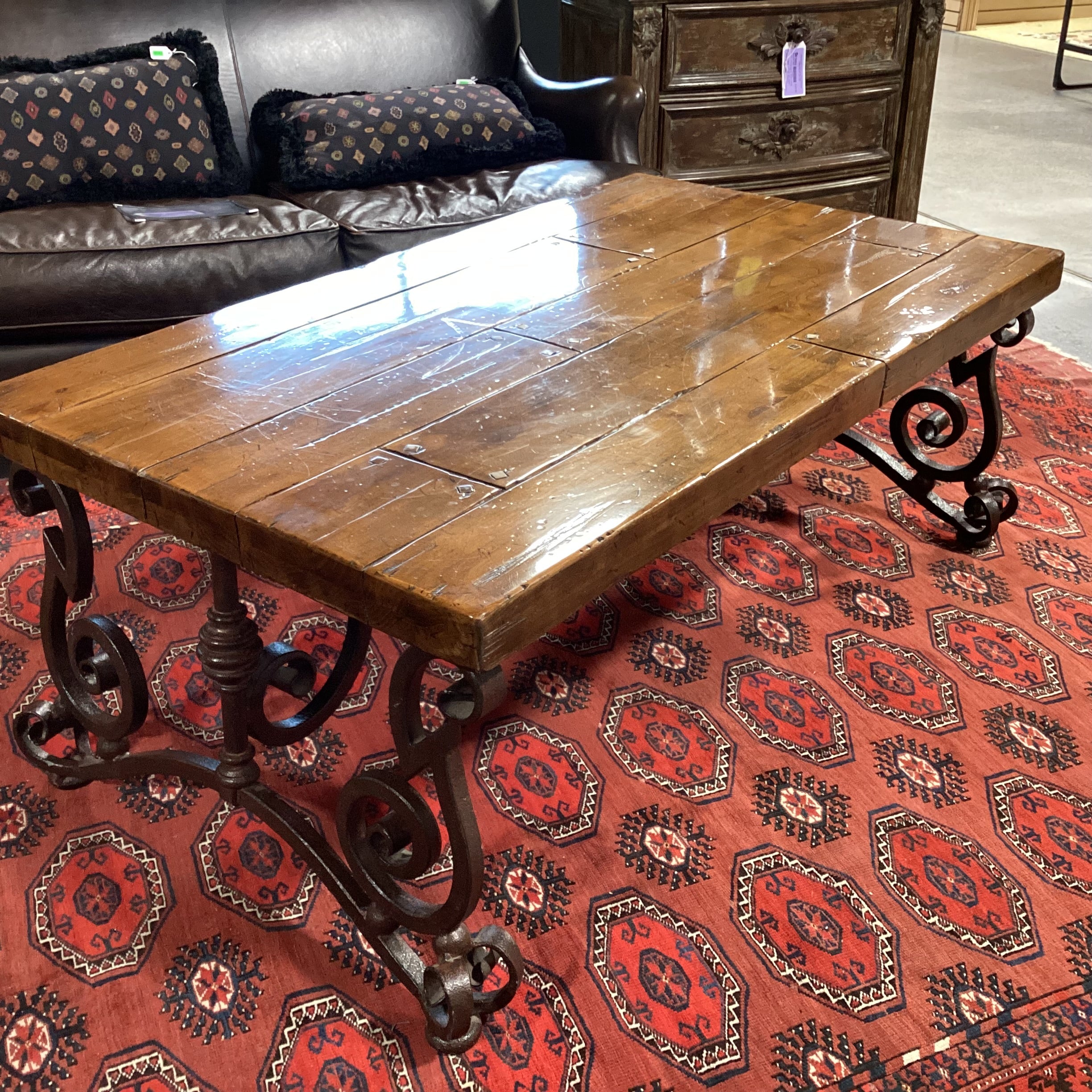 Rustic Distressed Solid Plank & Ornate Iron Coffee Table 54"x 32"x 21.5"
