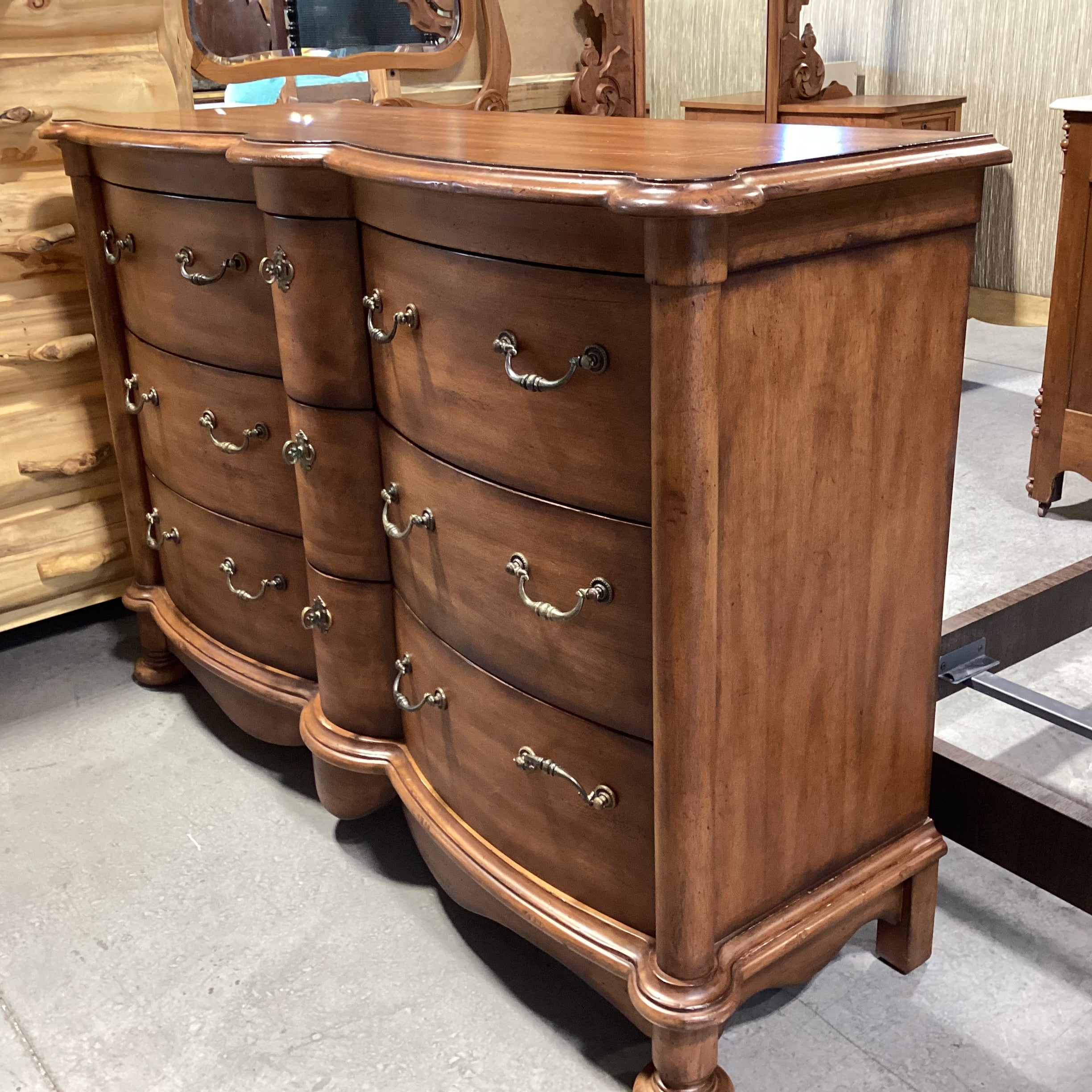 Hickory White Distressed Carved Curved Front 9 Drawer Dresser 64"x 20"x 42"
