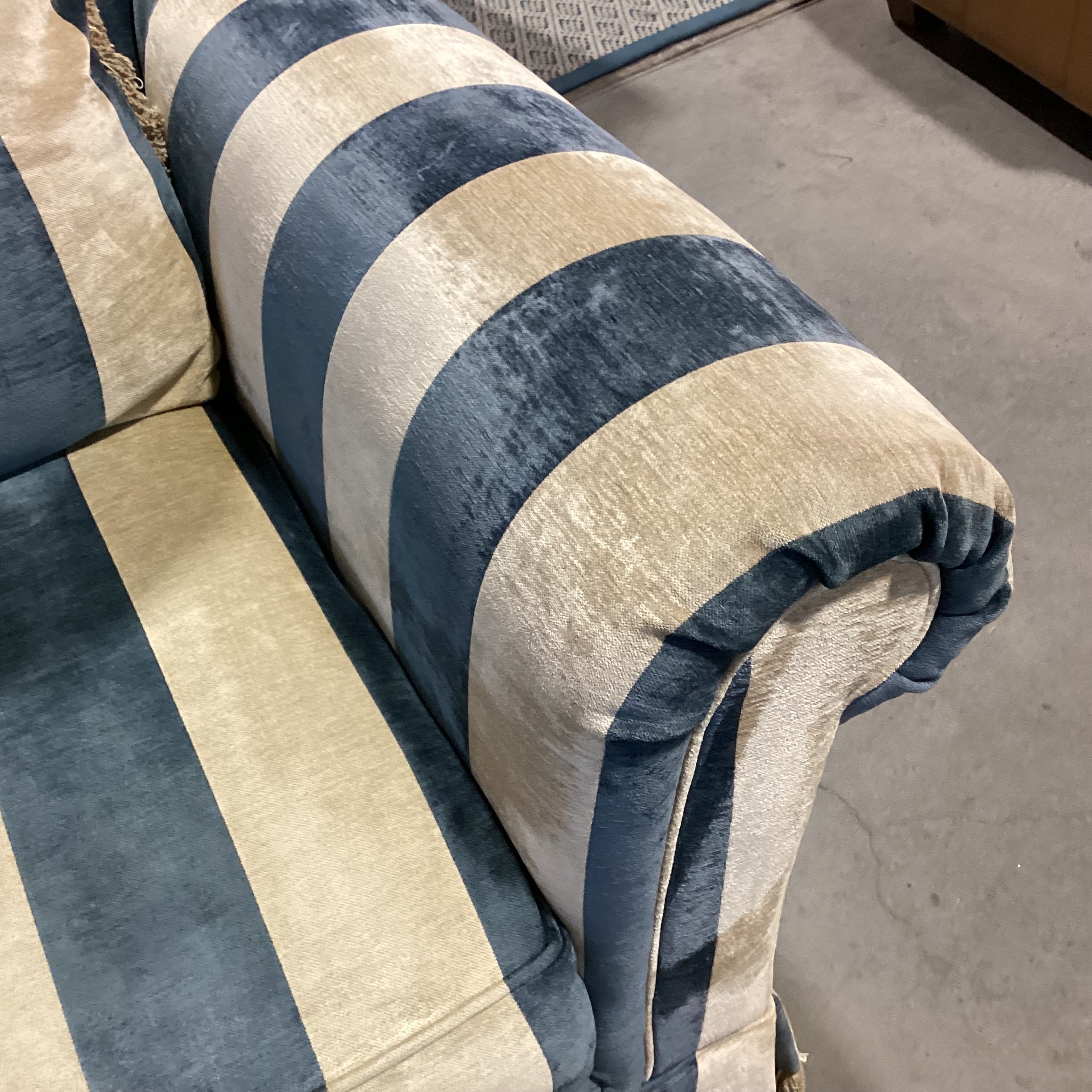 Custom Wedgewood Blue & Beige Velvet with Fringe Down Mix Sofa 96"x 44"x 30"