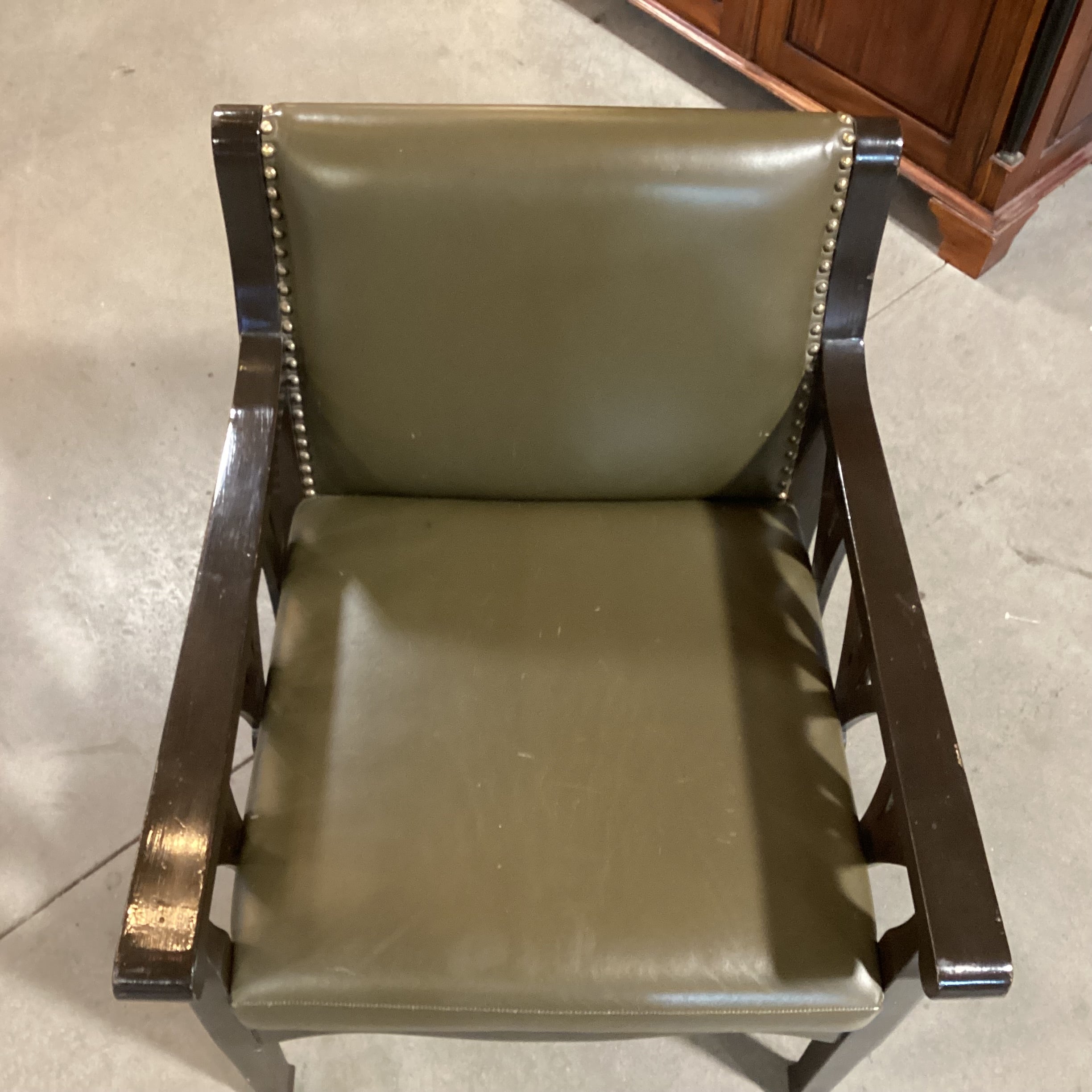 Olive Faux Leather Nailhead & Carved Wood Chair 27"x 27"x 34"