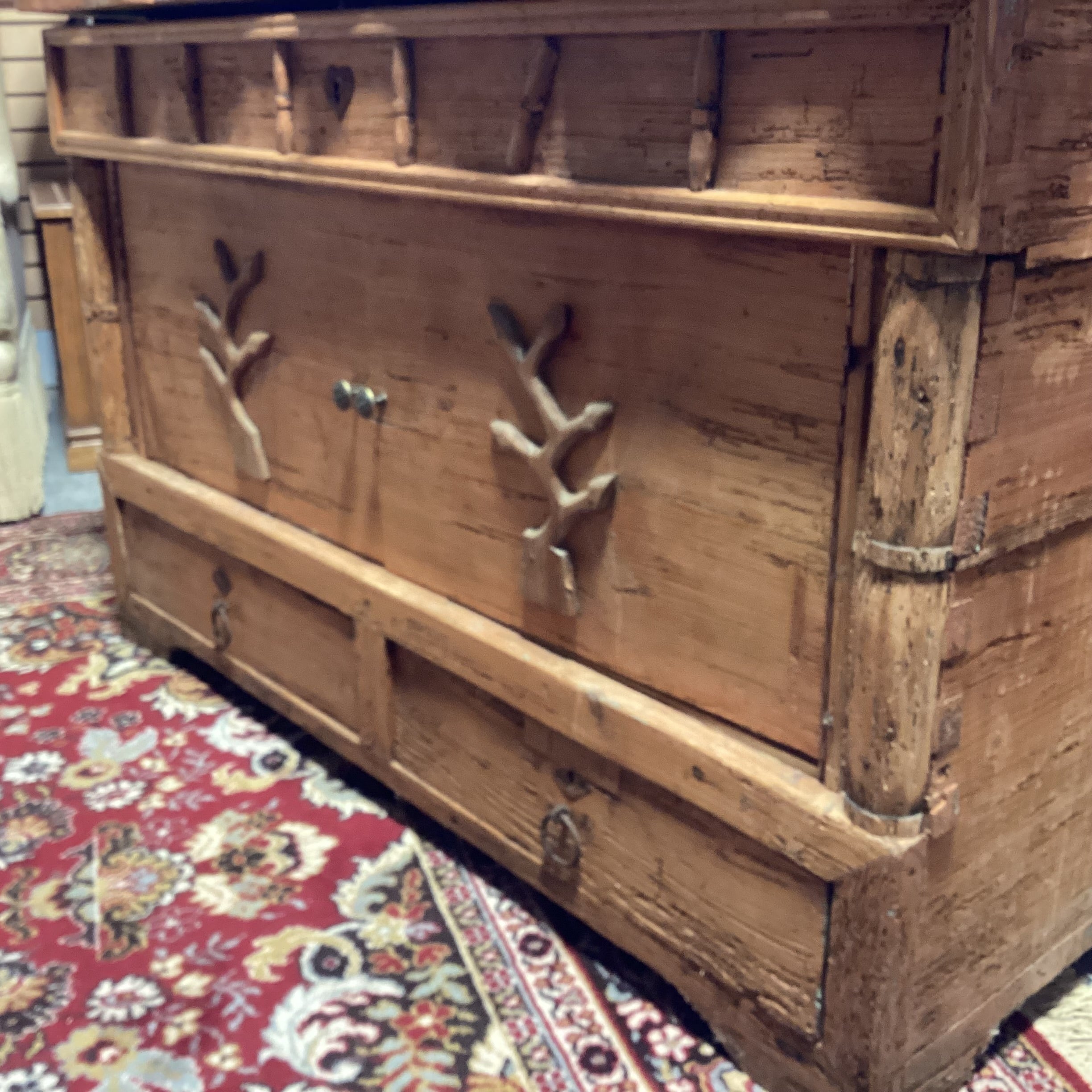 Antique Carved Pine with Repurposed Drawers Chest Trunk 52"x 28"x 33"