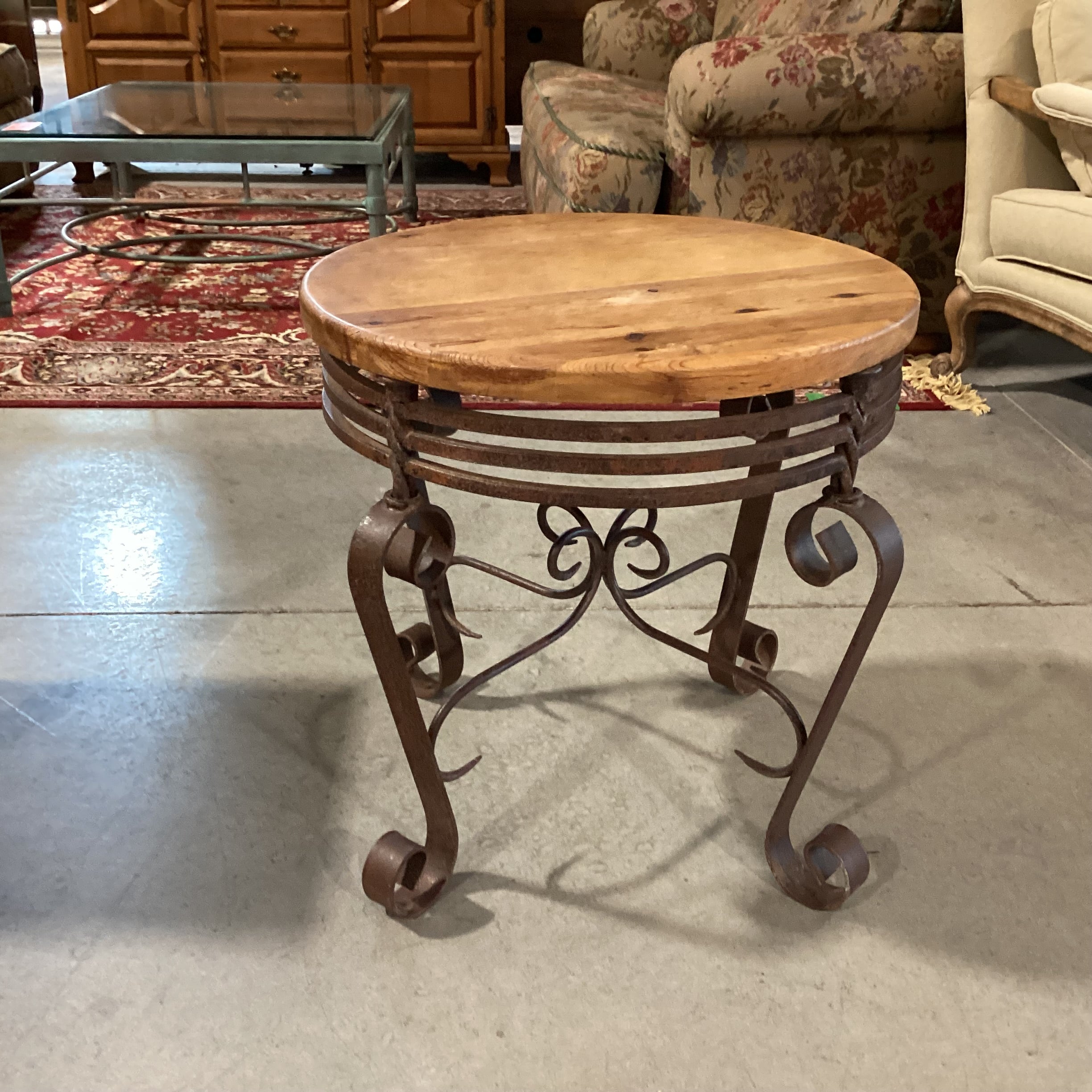 Rustic Wrought Iron & Wood Round End Table 24" Diameter x 22"