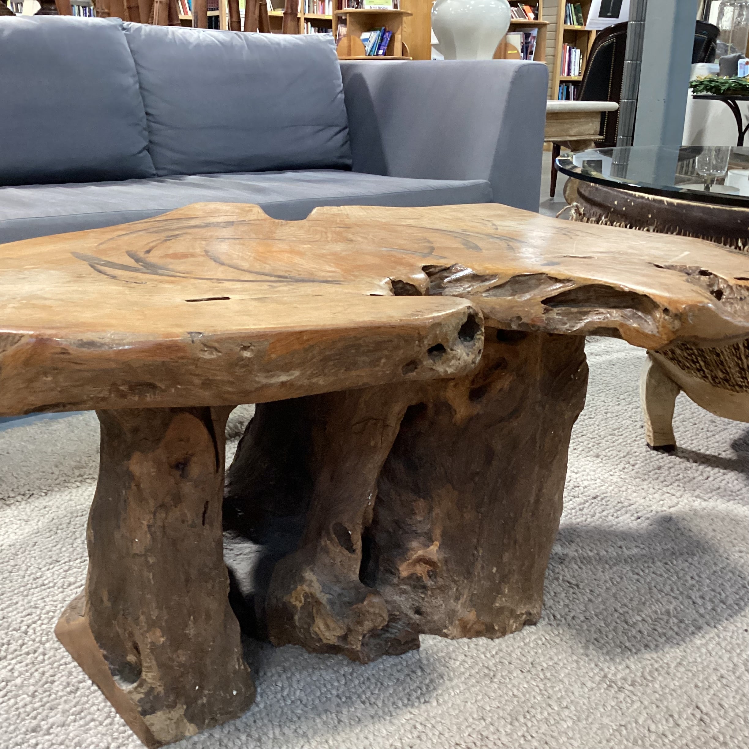 Vintage Root Stump & Live Edge Slab Coffee Table 42"x 34"x 18.5"