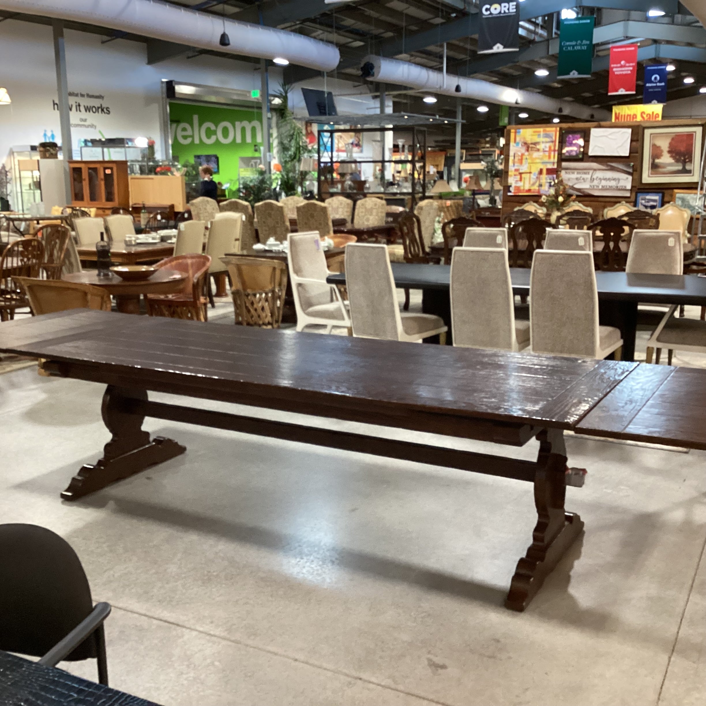 Antique Dark Finish Wood with End Extend Leaves & Trestle Dining Table 108" to 155"x 42"x 30.5"