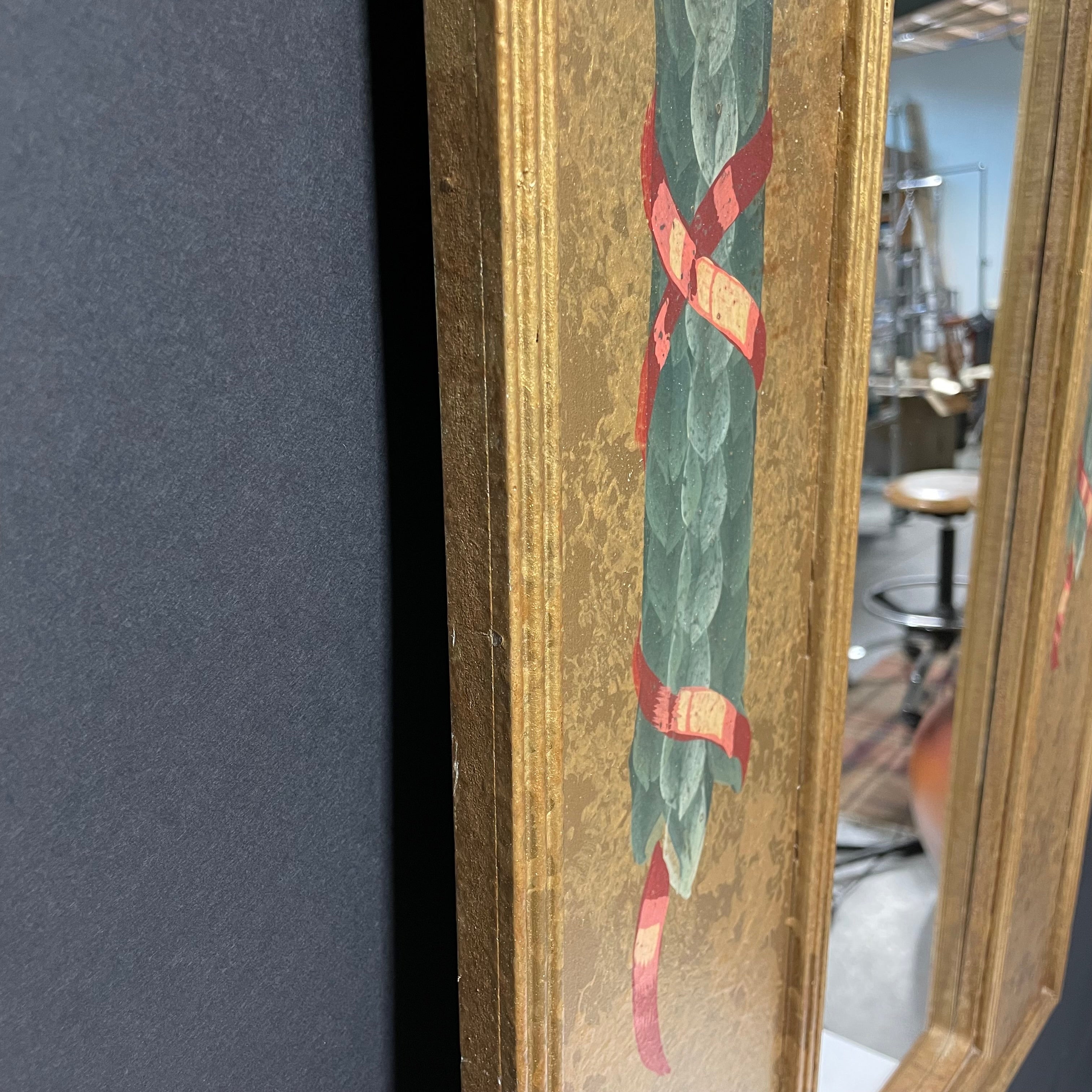 Mid Century Modern Giltwood Wall Mirror With Hand-Painted Garland 20" x 36"
