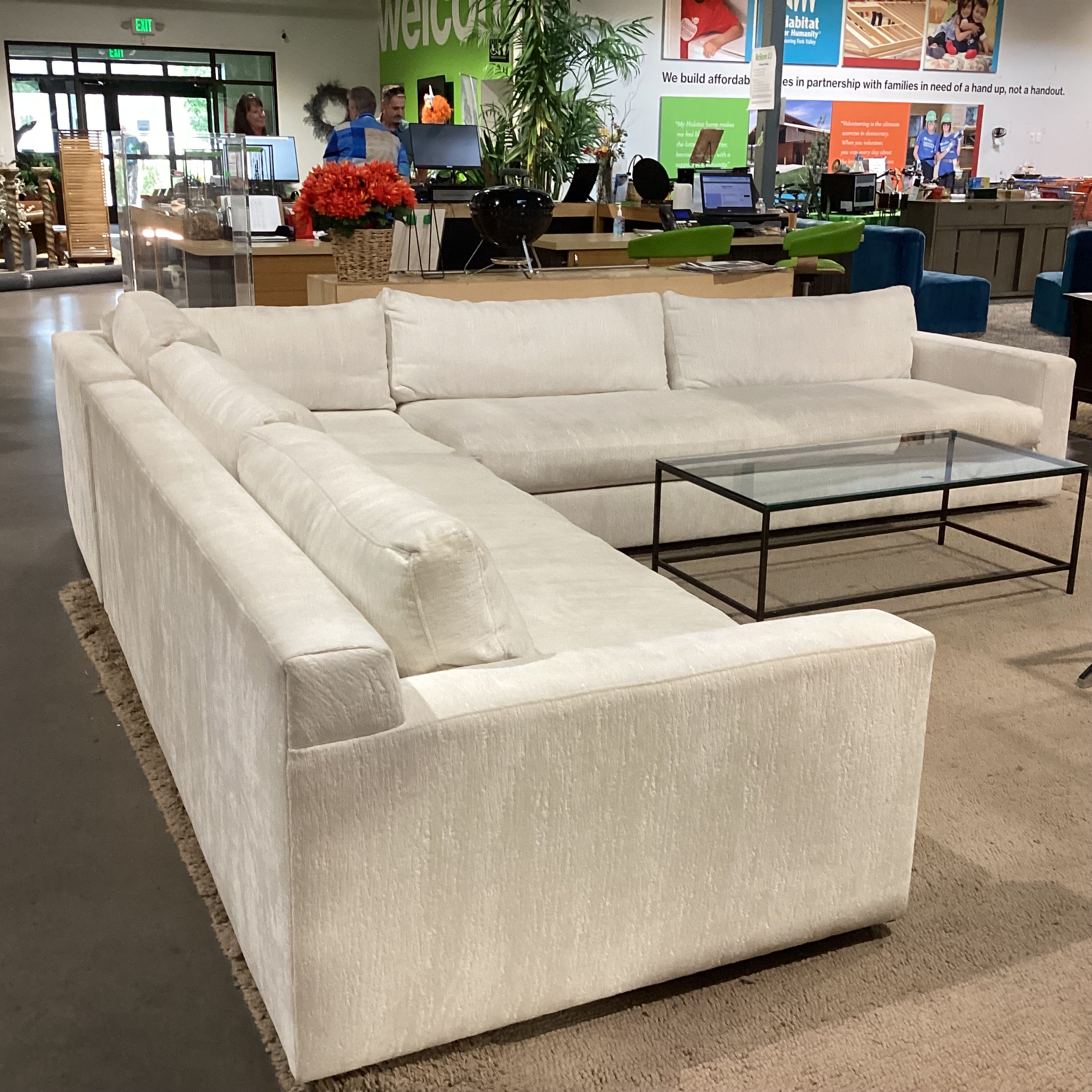 Custom Ivory Raised Texture Velvet Down Mix 3 Piece Sectional 146"x 134"x 45"x 29"