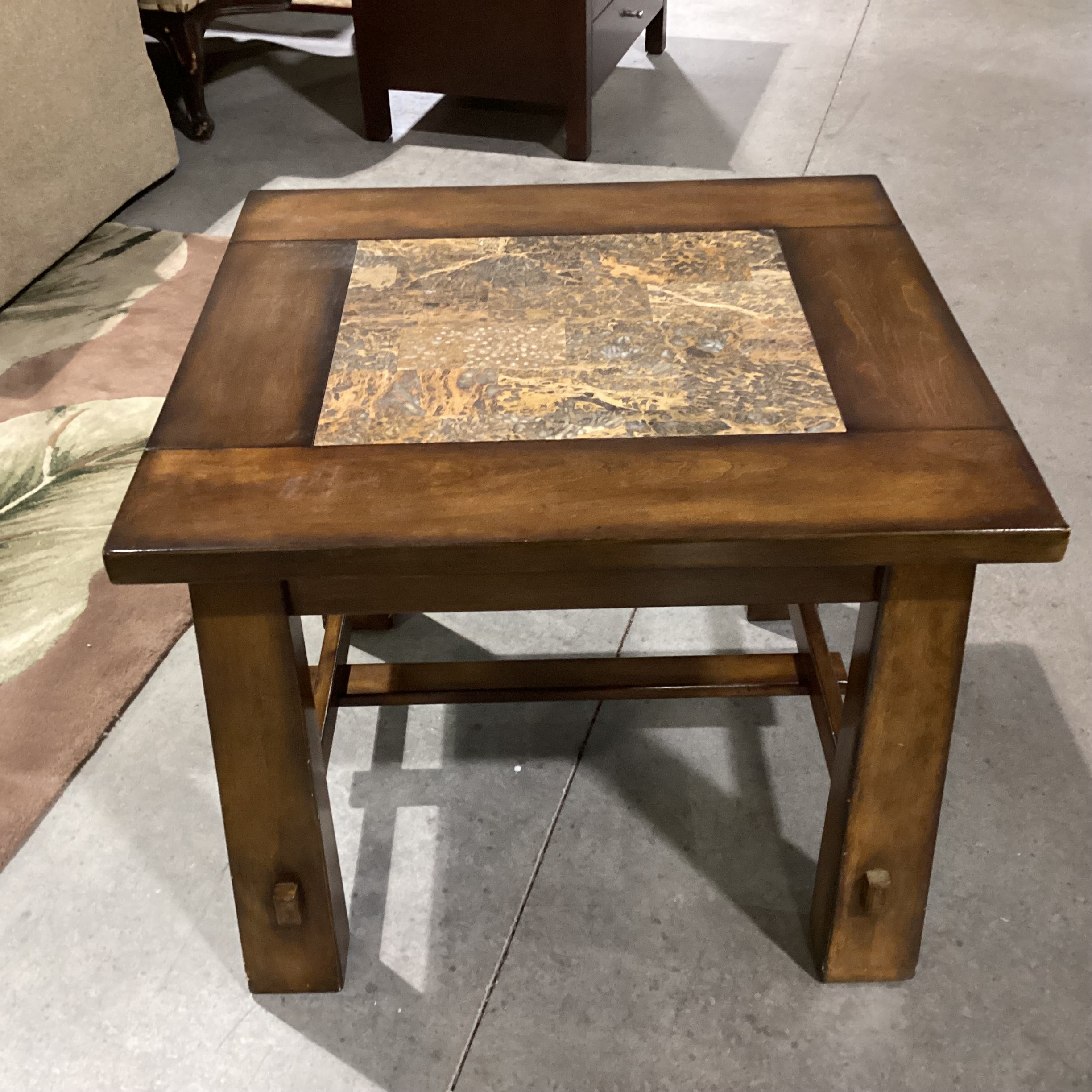 Dark Finish Wood & Faux Stone End Table 25.5"x 24"x 21.5"