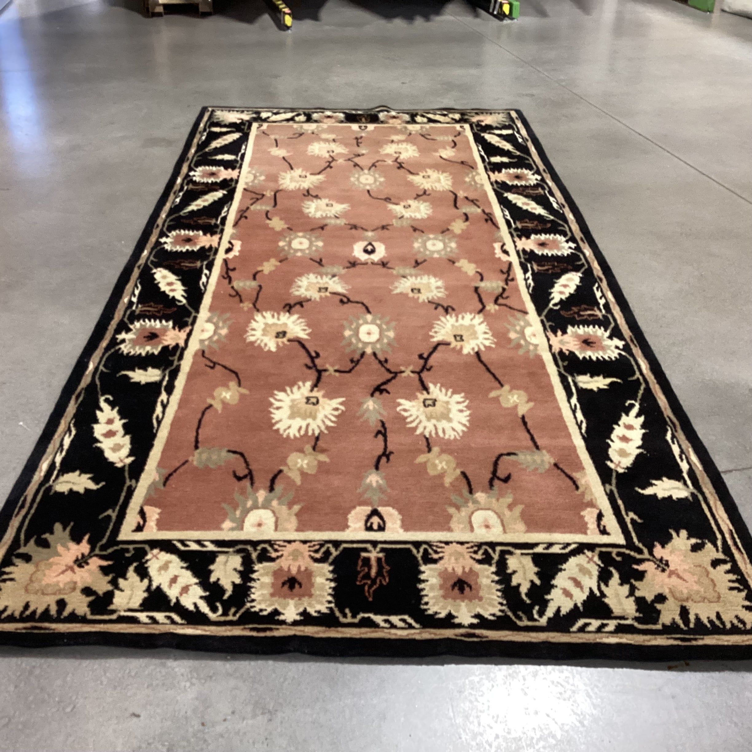 Blush Cream Sage Floral with Black Border Hand Woven Nepal Wool Rug 5'5"x 11'11"