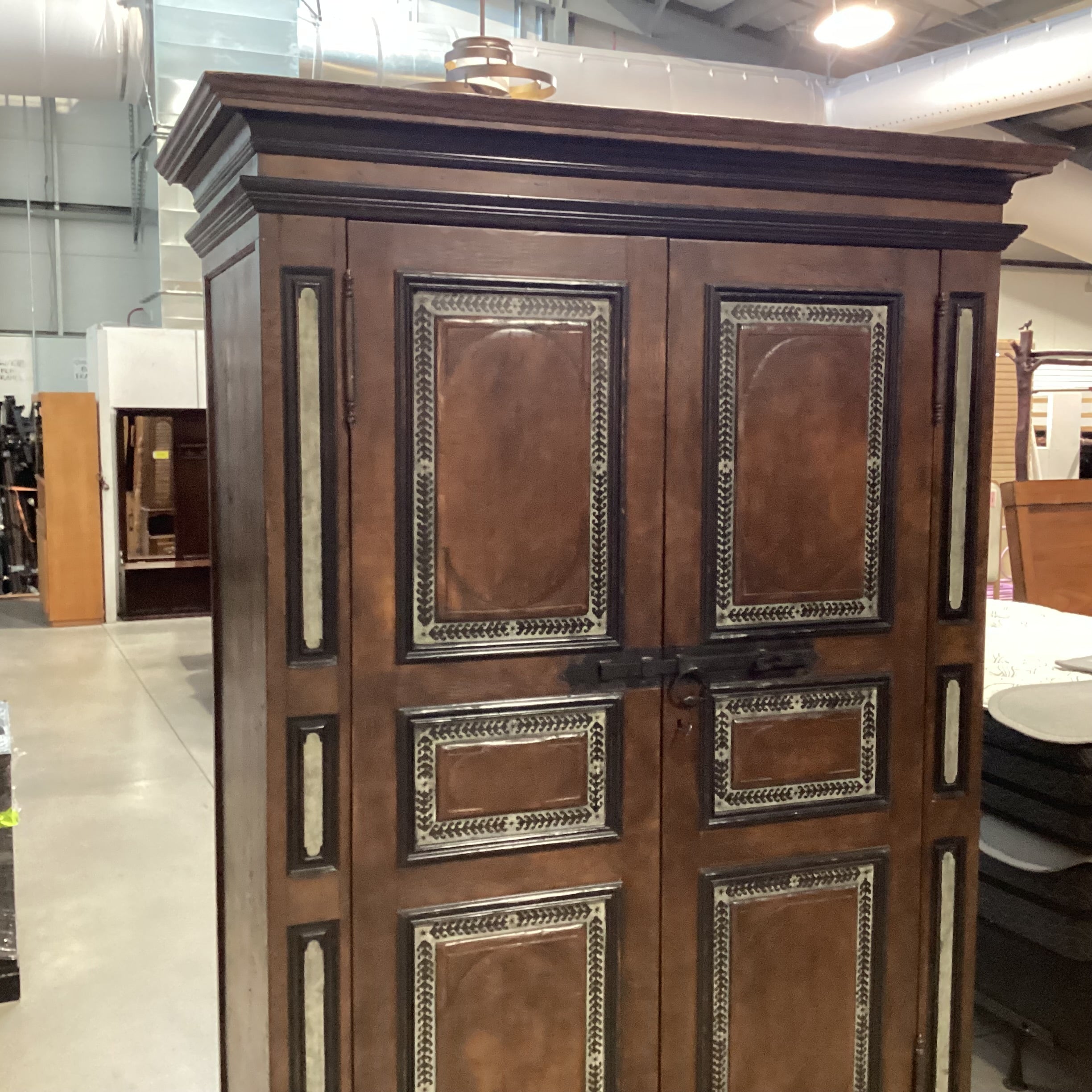 Custom Rustic Distressed Solid Wood with Painted Detail 2 Door Shelves & Drawers Armoire 65"x 34"x 90"